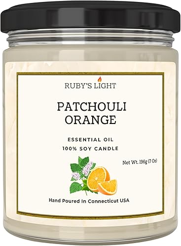 Vela de aromaterapia de naranja pachulí para el hogar, vela de soja de aceite esencial, tarro de 9 onzas, mecha de algodón, alto aroma, 40 horas de
