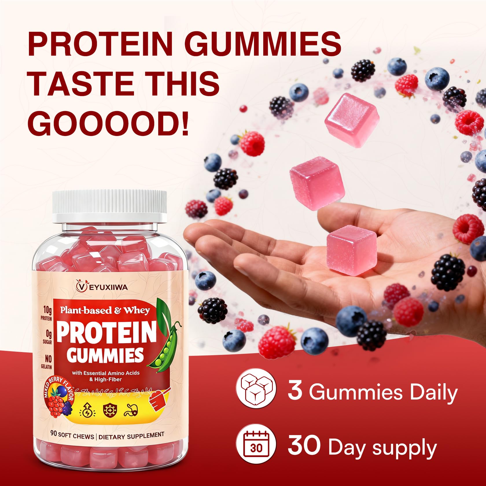 Protein Gummies – Whey & Plant Protein, Amino Acids, Immunity & Gut, 90ct — Amazon image 2