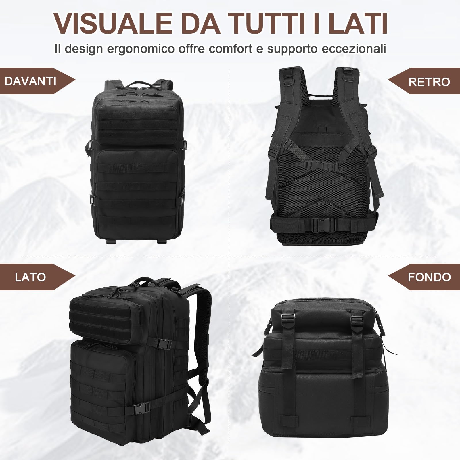 SHANNA Zaino Tattico Militare 45 Litri Impermeabile Grandi Zaini da Hiking Molle per Escursionismo Campeggio Caccia