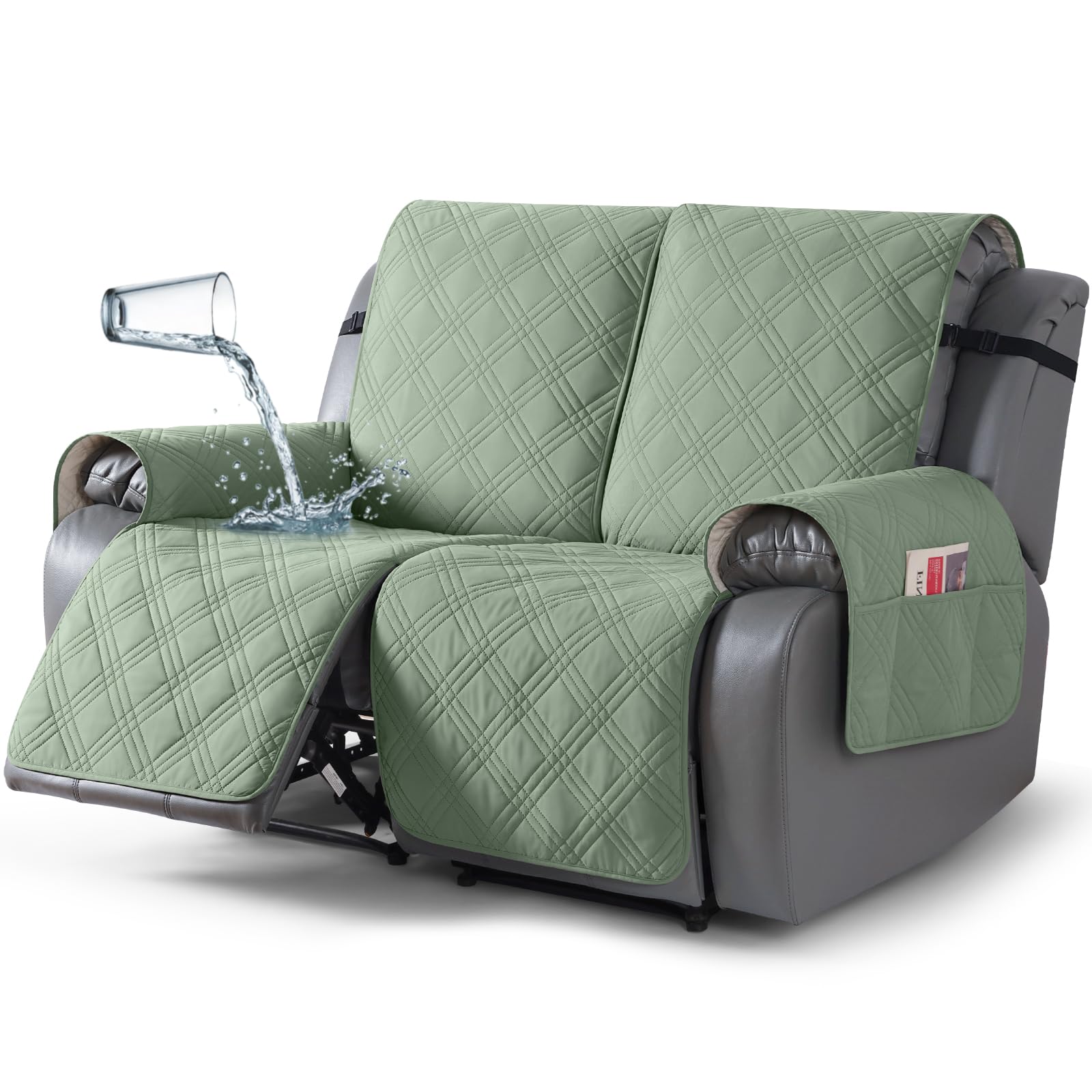 TAOCOCO 100% Waterproof Loveseat Recliner Covers 2 Seater, Split Loveseat Covers for Reclining loveseat, Non Slip Reclining Couch Cover with Double Straps for Kids, Pets(2 Seater, Sage Green)
