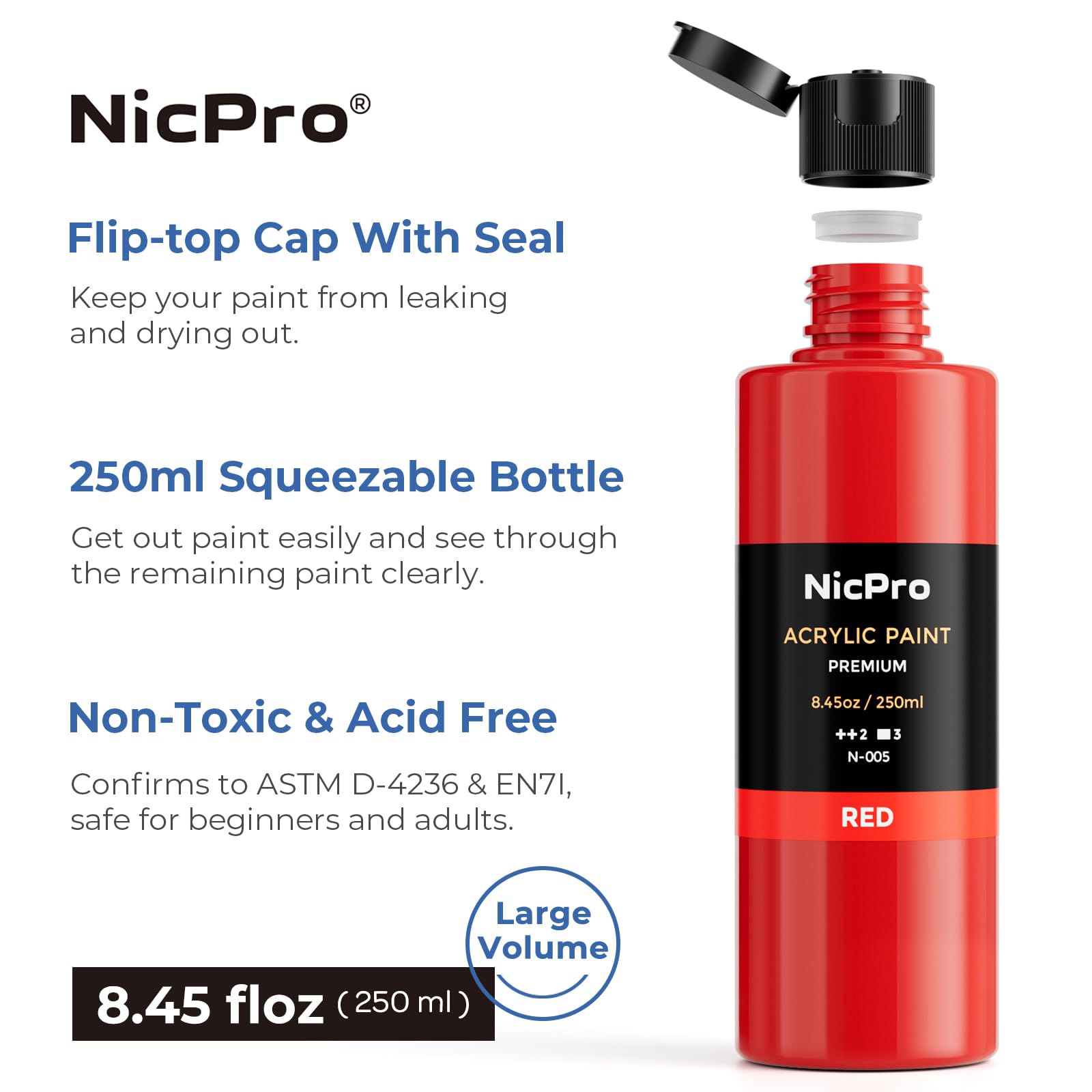 Nicpro set pintura acrilica 18 x 250 ml, frasco grande de pintura acrílica en 18 colores, no tóxica, pinturas de artista, pinturas acrilicas para varias superficies, lienzos, arcilla, manualidades