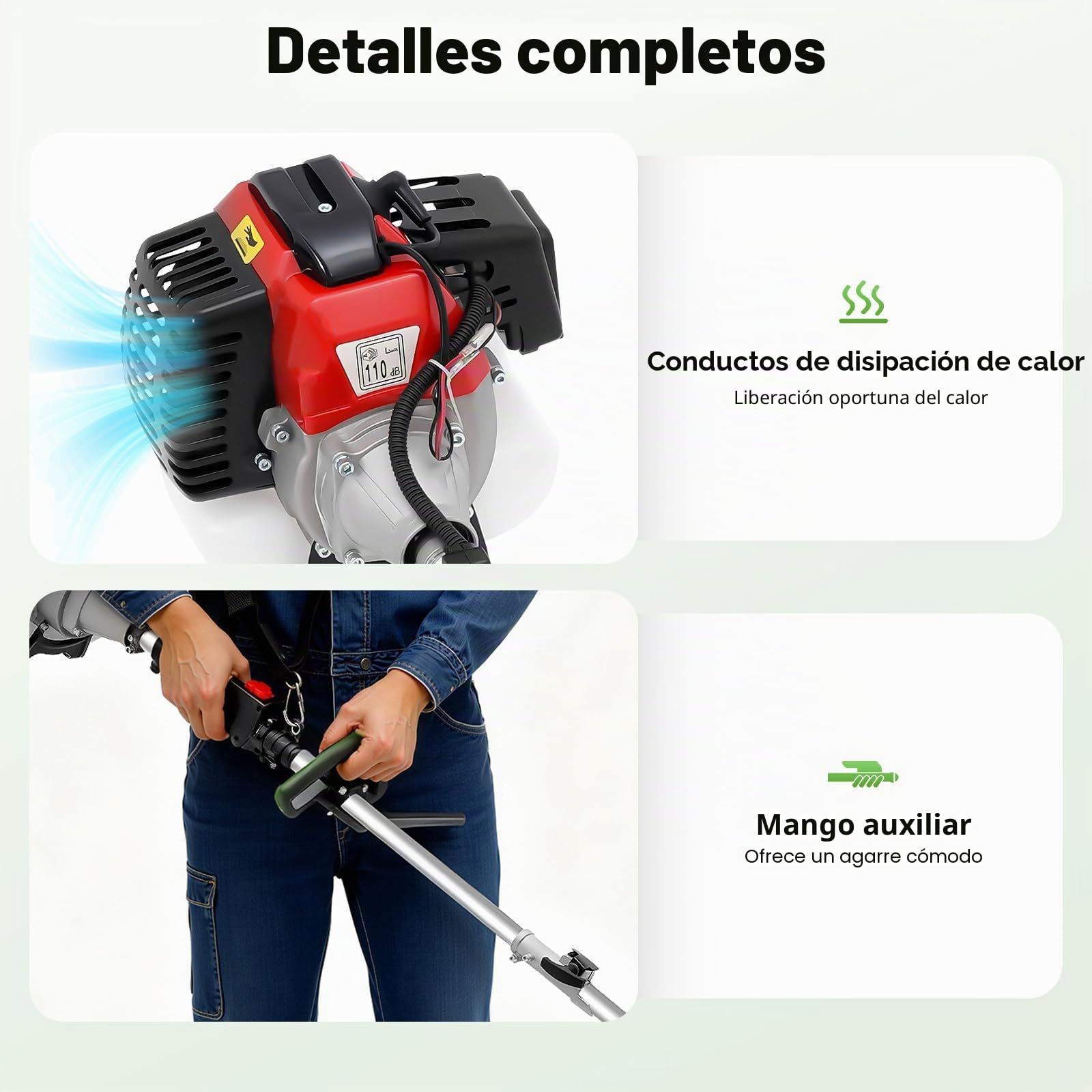 Desbrozadora de gasolina de 52 cc con motor de 2 tiempos, multiherramienta para jardín, cortasetos, podadora, motosierra, barras de extensión, bolsa de herramientas, correa de transporte