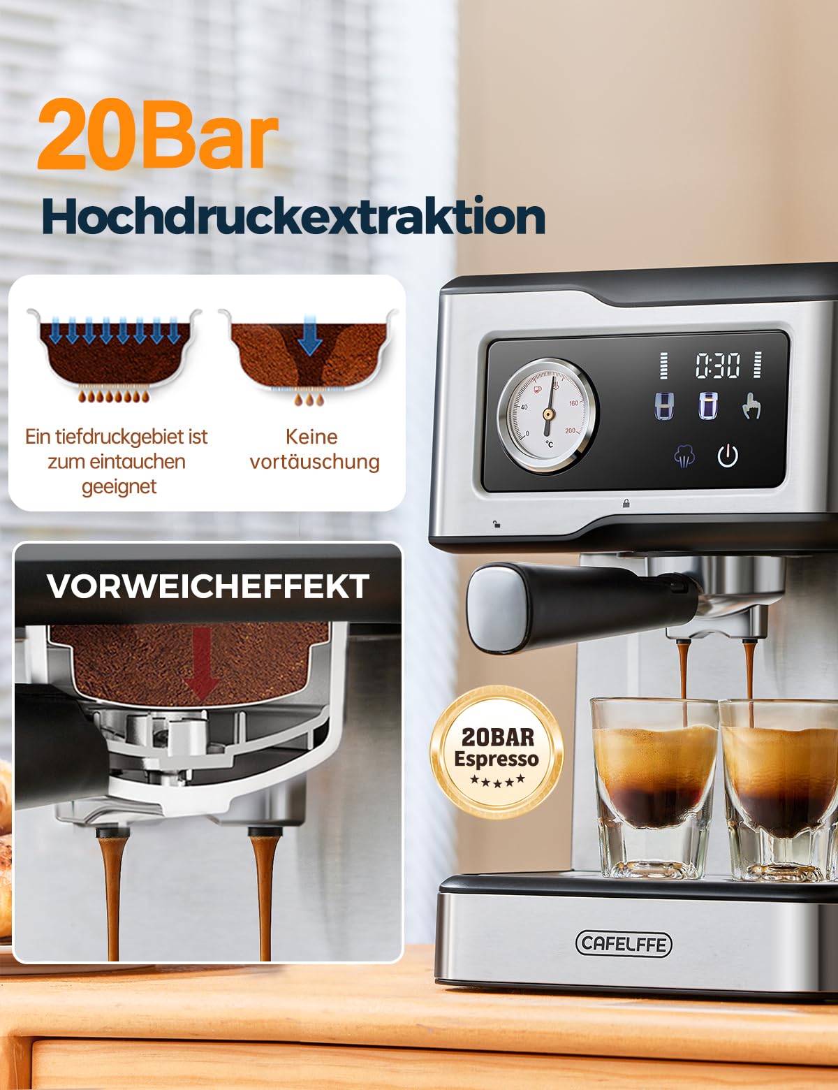 CAFELFFE Cafetera espresso MK-901 con espumador y vaporizador de leche, portafiltro, 20 bares de presión y pantalla táctil LED, ideal para el barista casero o para preparar lattes y cappuccinos.