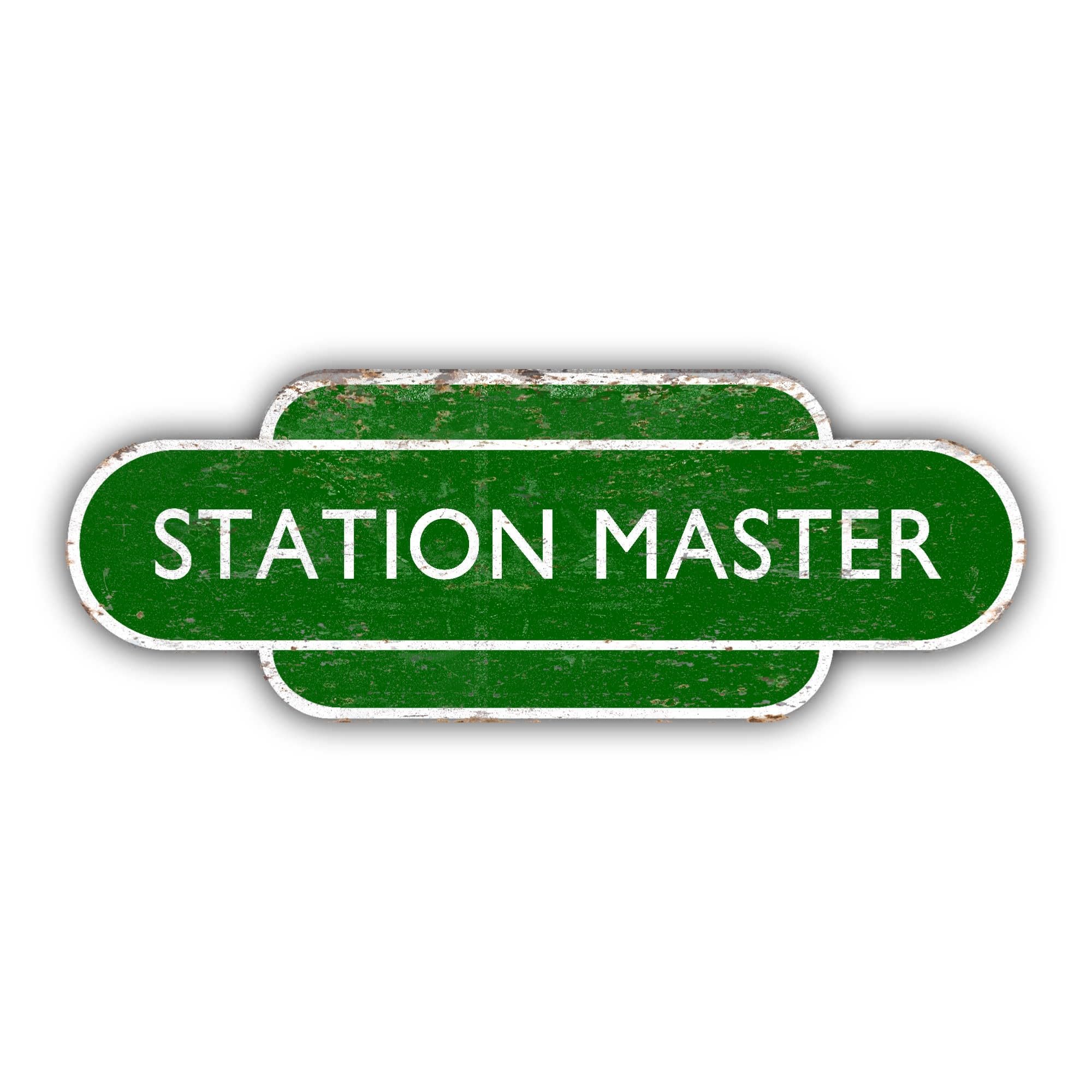 Station Master Railway Totem Targa in metallo per treno (verde – invecchiato, 60 x 21 cm)