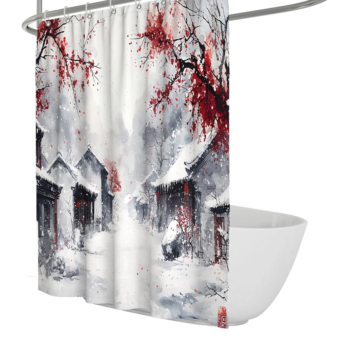 Chinesische Tusche Winter Schnee Duschvorhang W150xL200 cm