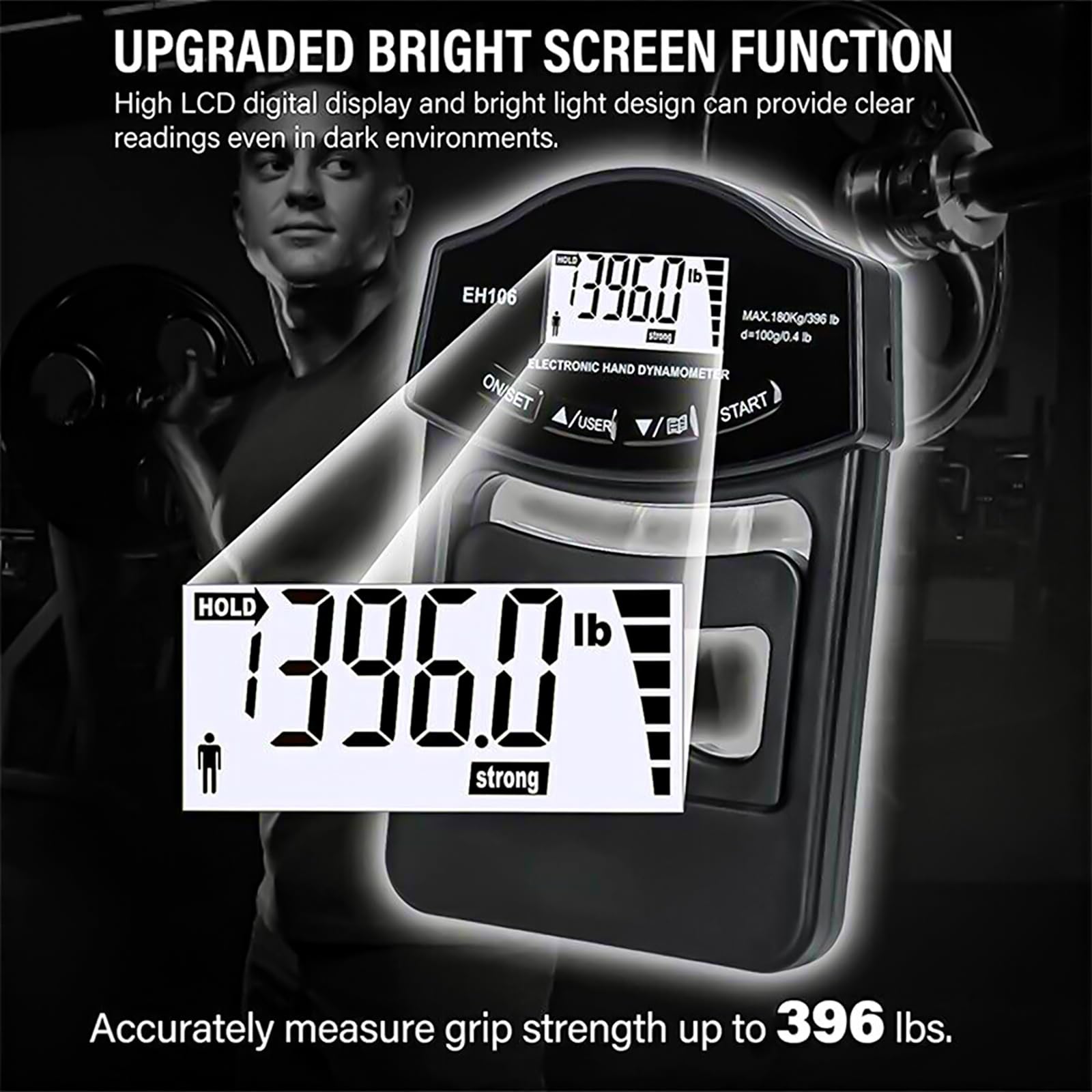 396 lb/180 kg Dinamómetro de Mano Fuerza de Prehensión, Fuerza de Prehensión Digital, Pantalla LED Dinamómetro de Mano de Medición, Metro de Medición Automática con Cable
