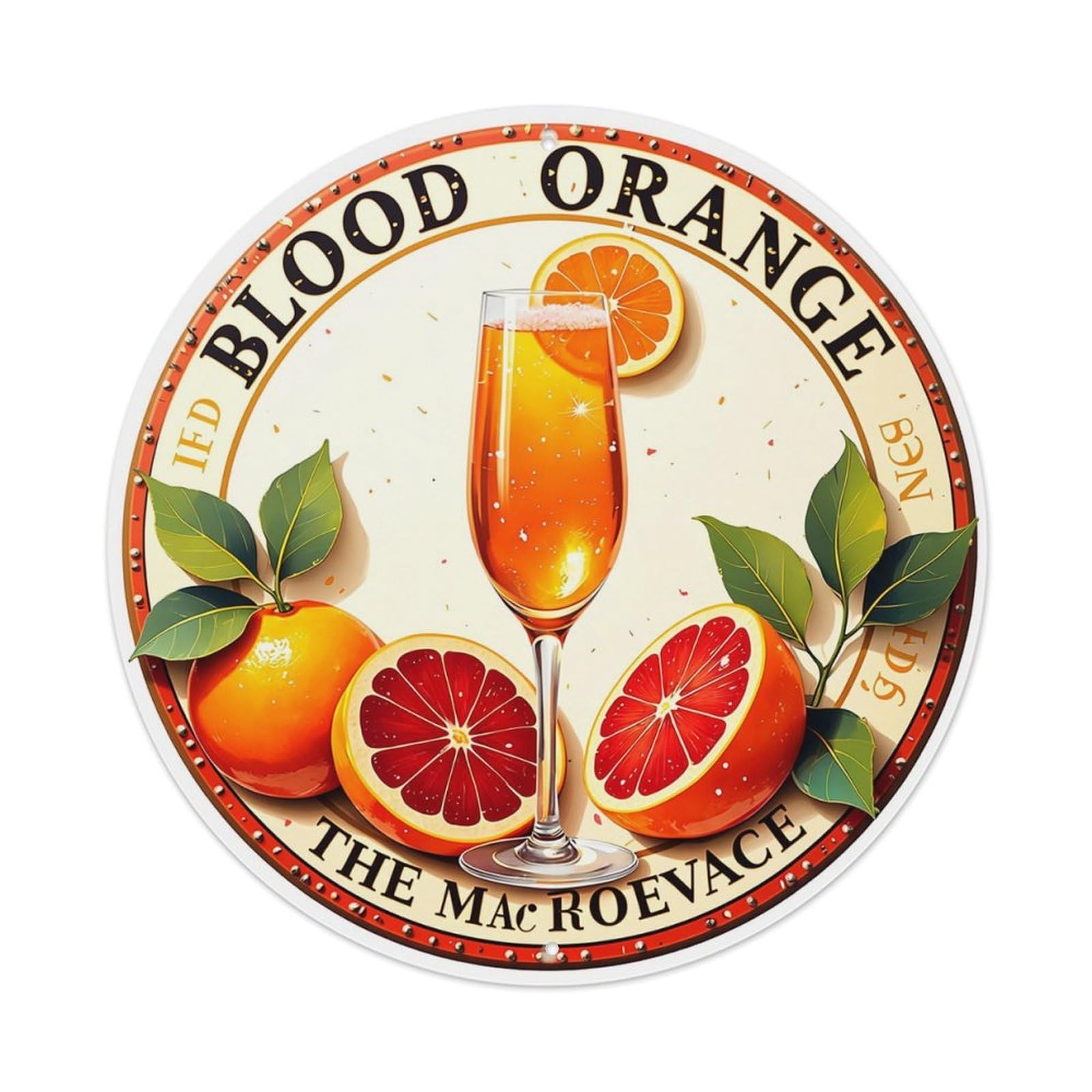 Blood Orange Cocktail Glass Leaves Retro Metal Sign Round Tin Sign, Vintage Decor Art Poster for Bar, Home, Man Cave, Kitchen, Laundry Room Gift 8x8Inch