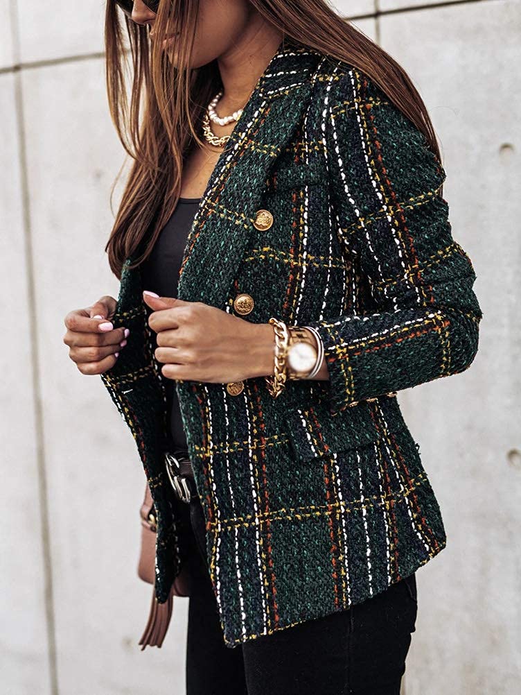 Onsoyours Donna Manica Lunga Colletto Cappotto Elegante Ufficio Business Blazer Top A Quadri Slim Fit Giacca con Pulsante Corto OL Tailleur Giacca