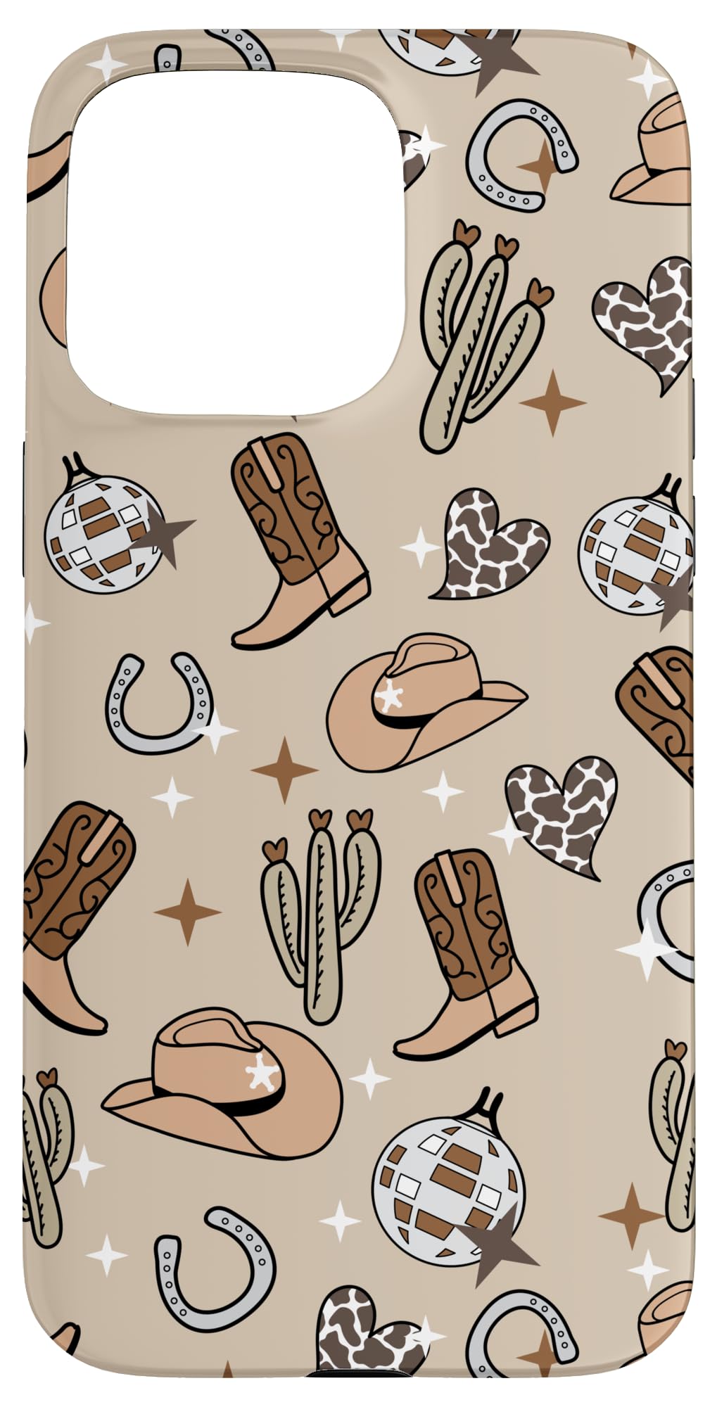 Cowboy Hat & Boot & Disco Ball Pattern Brown Cowgirl Case for iPhone 15 Pro Max