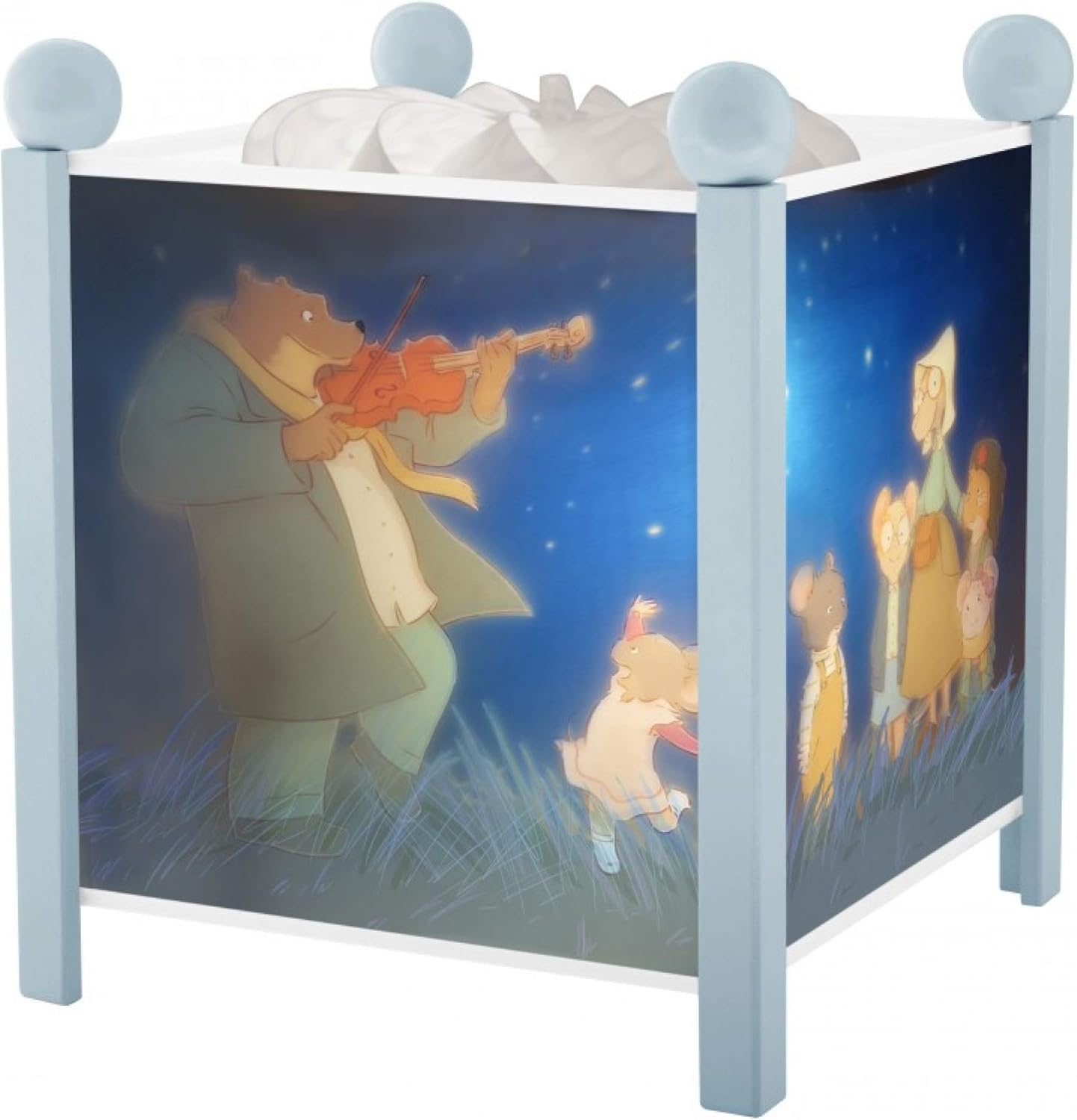 TROUSSELIER - Ernest & Celestine - Lámpara mágica nocturna - Para niños - Dibujos animados - Luz confortable - Color de madera azul - Bombilla 12V 10W incluida - Adaptador de enchufe europeo