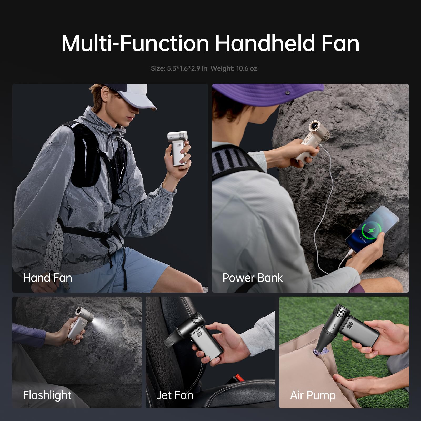 JISULIFE Portable Handheld Fan Ultra2 9000mAh Max 25 Hrs 3 IN 1 100 Speed | Rechargeable Turbo Fan 18W Power Bank with Flashlight Metal Shell Multi-Function Travel Essentials Gift for Women M product thumbnail 3