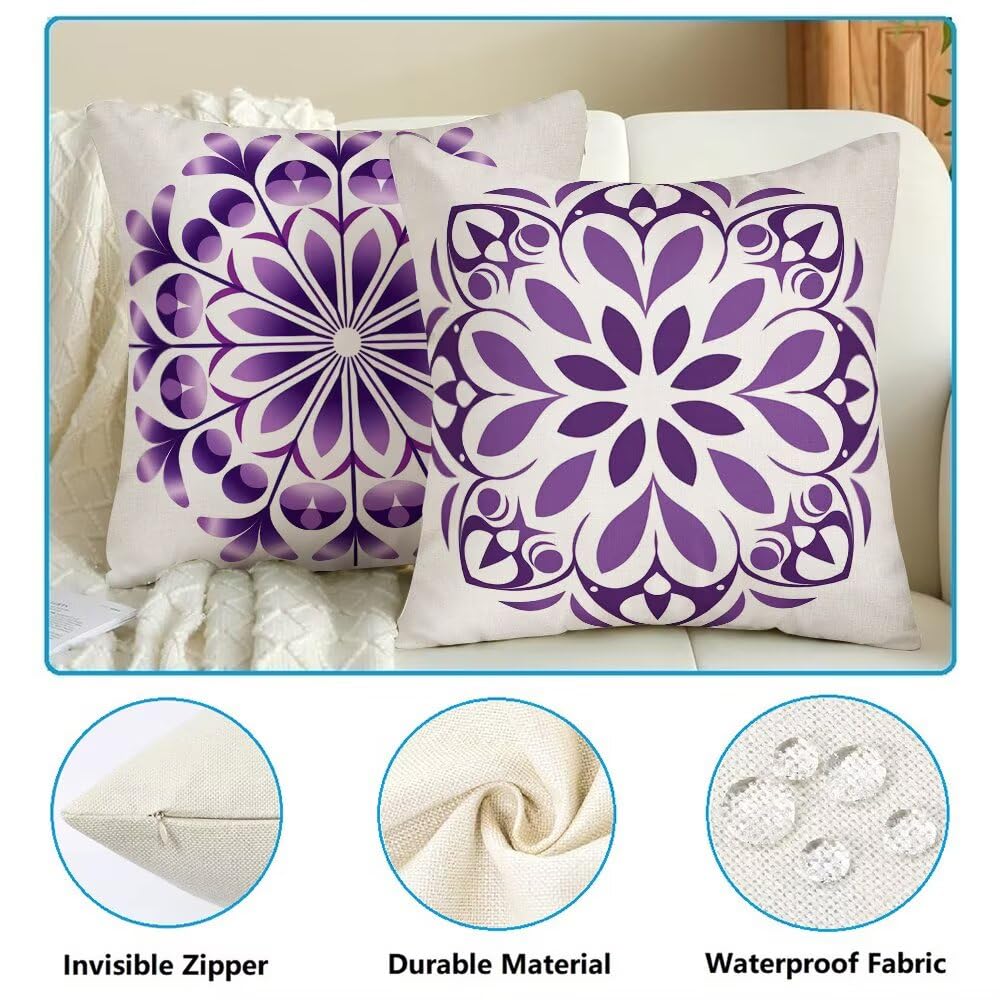 Federe Cuscini da Esterno Impermeabili 65x65 Viola Copri Cuscini per Divano Bohemien Federa Cuscino Nordico Decorativi Copricuscini per Divano Giardino Patio Soggiorno Copricuscino Set di 2 (IU205)