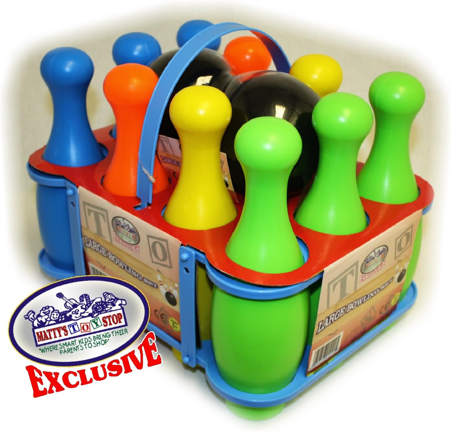 Matty's Toy Stop 10 Pin Multi-Color Deluxe Plastic Bowling Set for Kids with Storage Rack - 12 Pieces Total (10 Pins & 2 Bowling Balls)