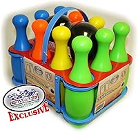 Vista 2 de Matty's Toy Stop 10 Pin Multi-Color Juego de bolos de plástico de lujo para los niños con el estante de almacenamiento, 12 Piezas Total