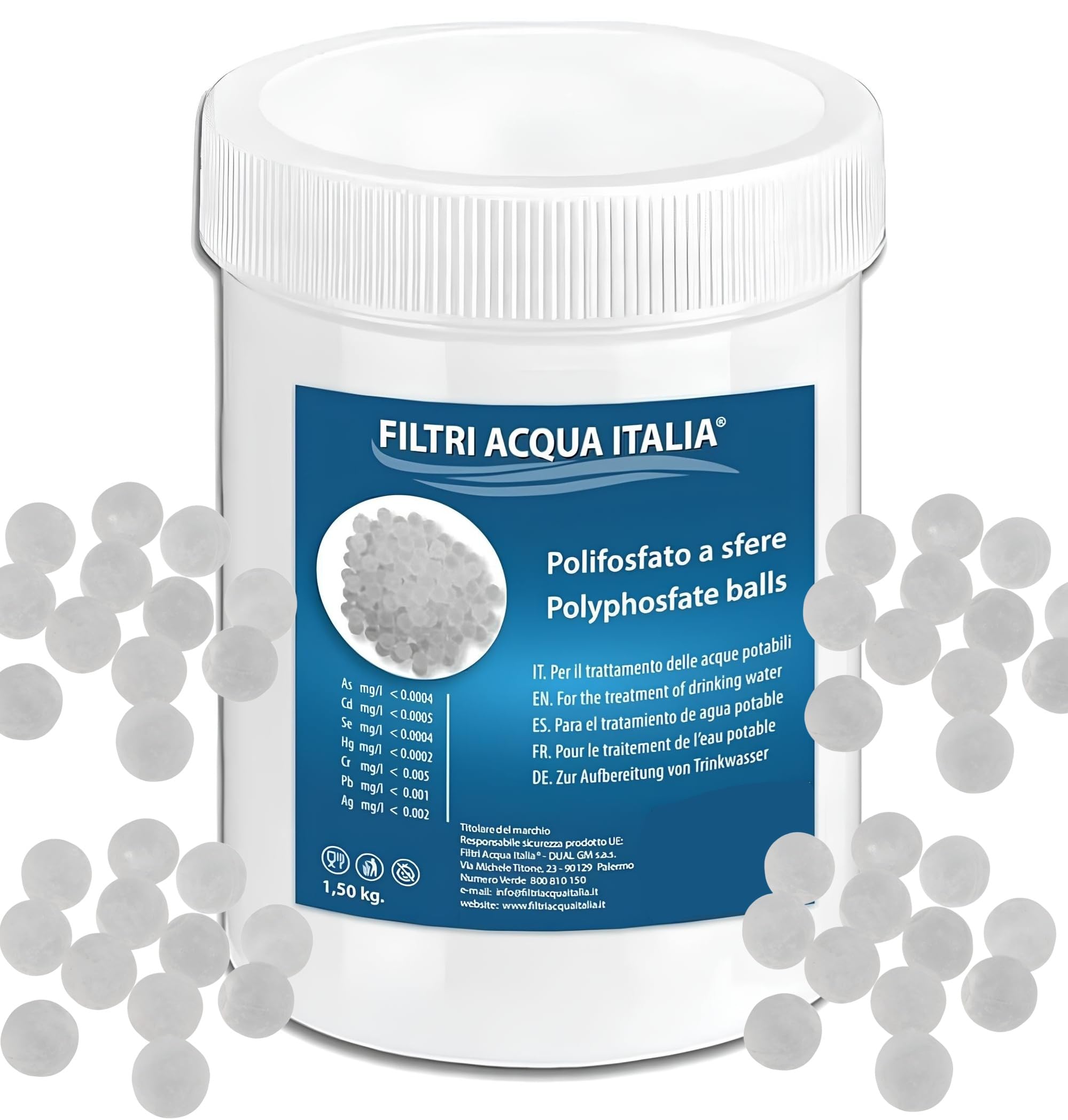 Polifosfati a Sfere 1,5 Kg. Ricarica per Filtri Anticalcare Lavatrice, Lavastoviglie, Caldaia, Dosatori ecc.
