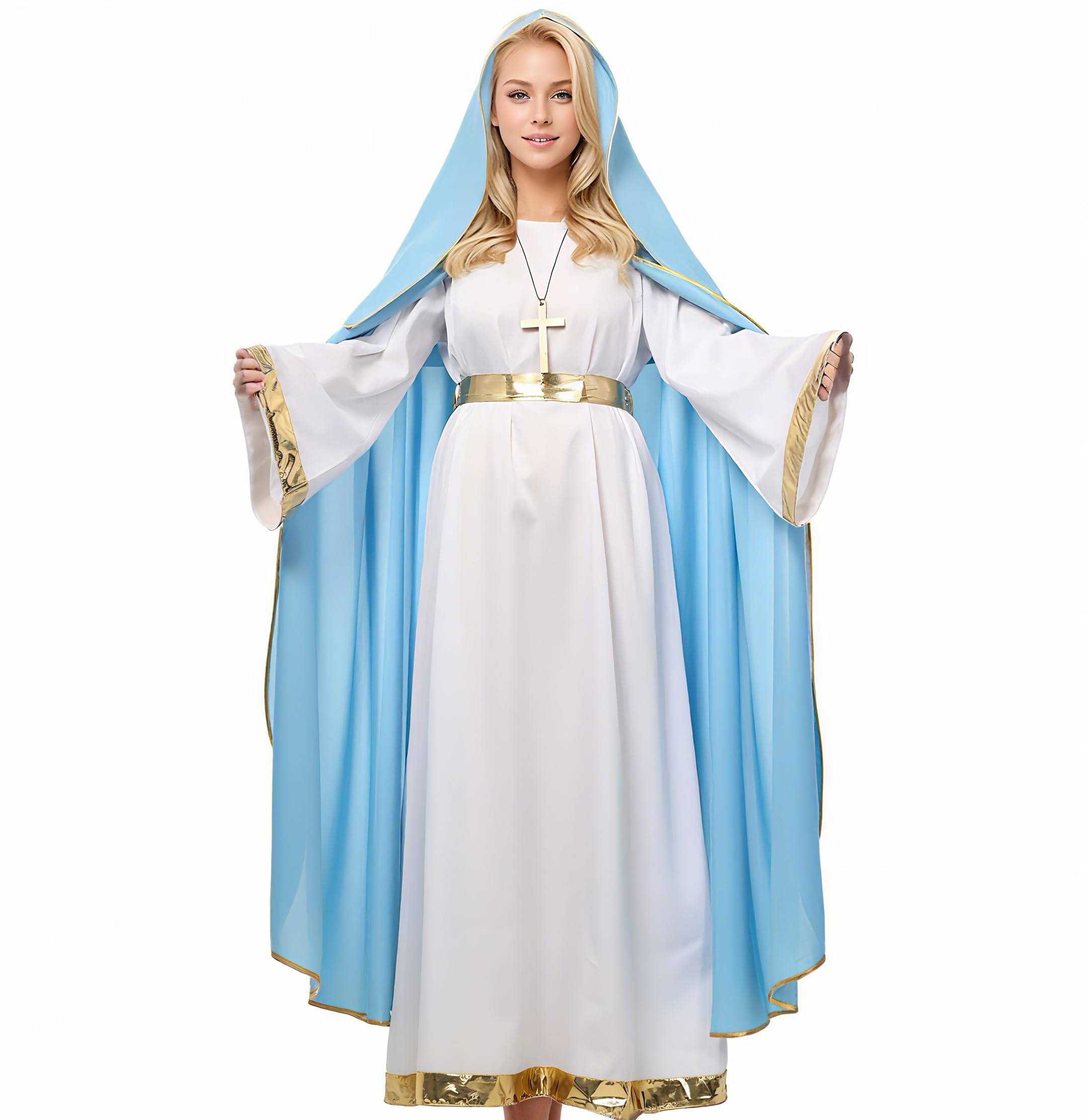 UniqKaliber Halo Virgin Mary Costume for Women Adults Nativity Christmas Costumes Suit Biblical Costume, White & Blue, S-M