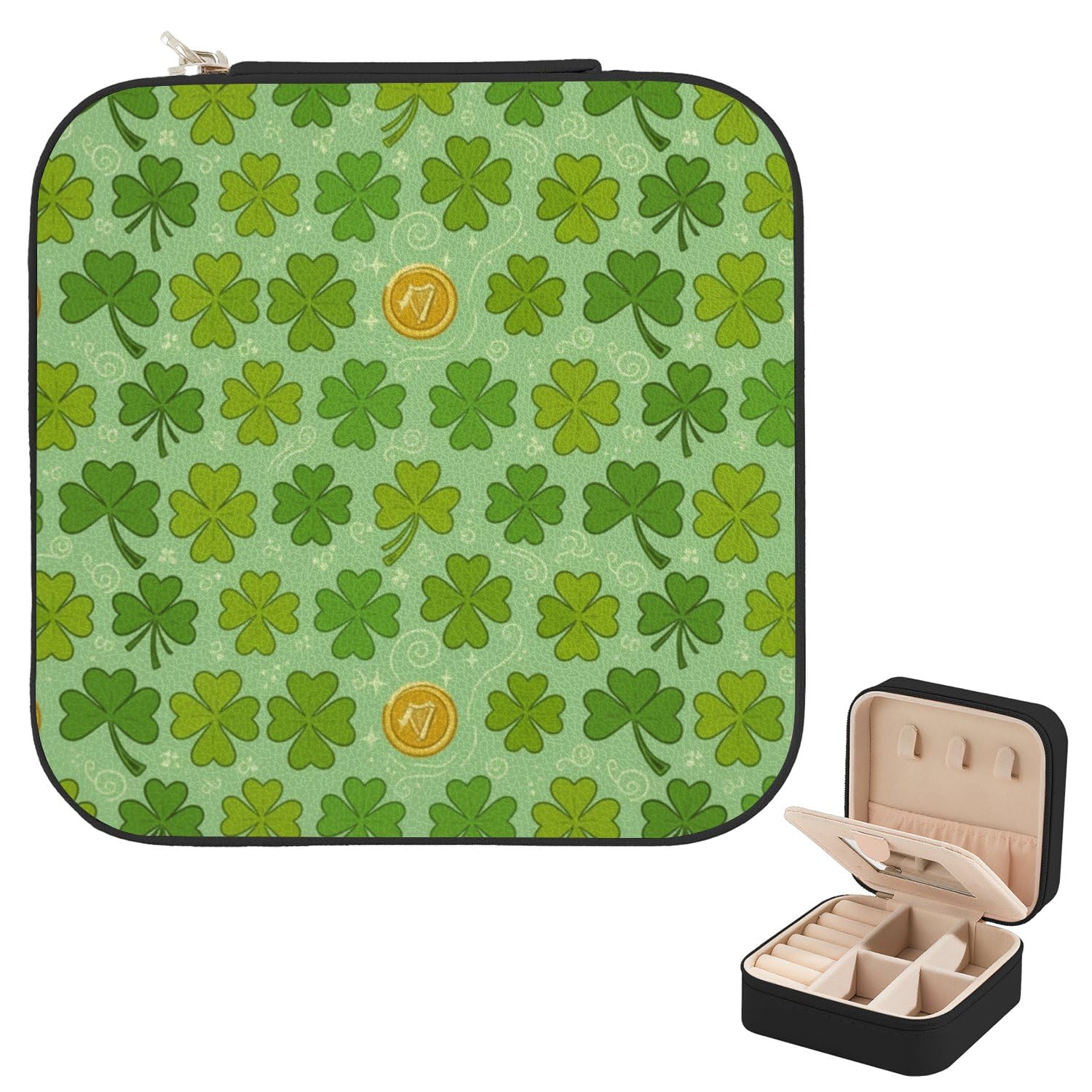 Gold Green St Patrick Clovers Mini Jewelry Travel Case Small Jewelry Organizer Box With Mirror Travel Display Case