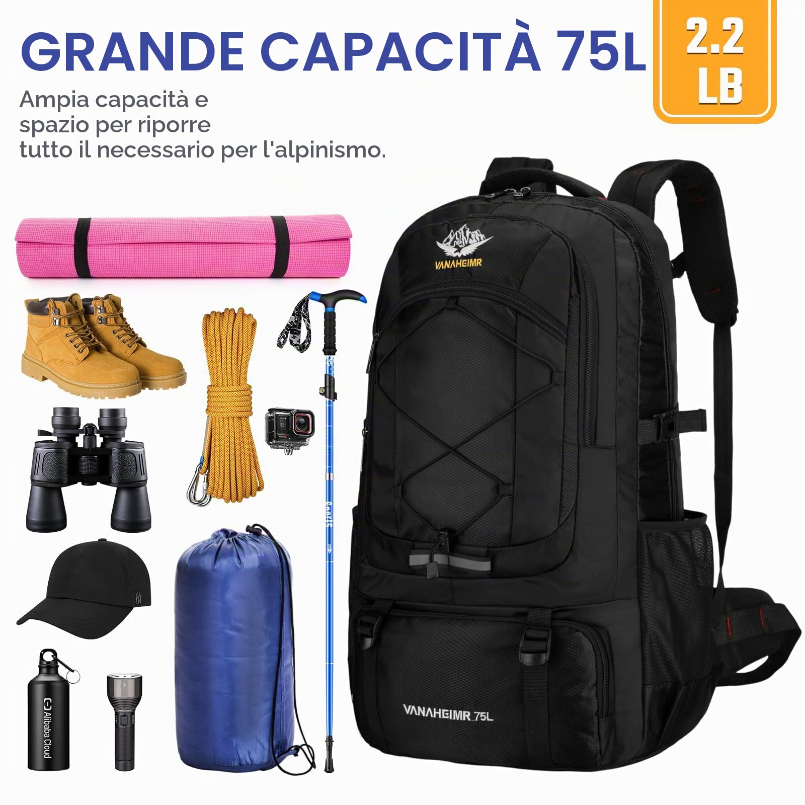 Zaino da Trekking 75L Ultraleggero Pieghevole Impermeabile Sportivo per Montagna - Escursione, Arrampicata, Campeggio, Viaggio