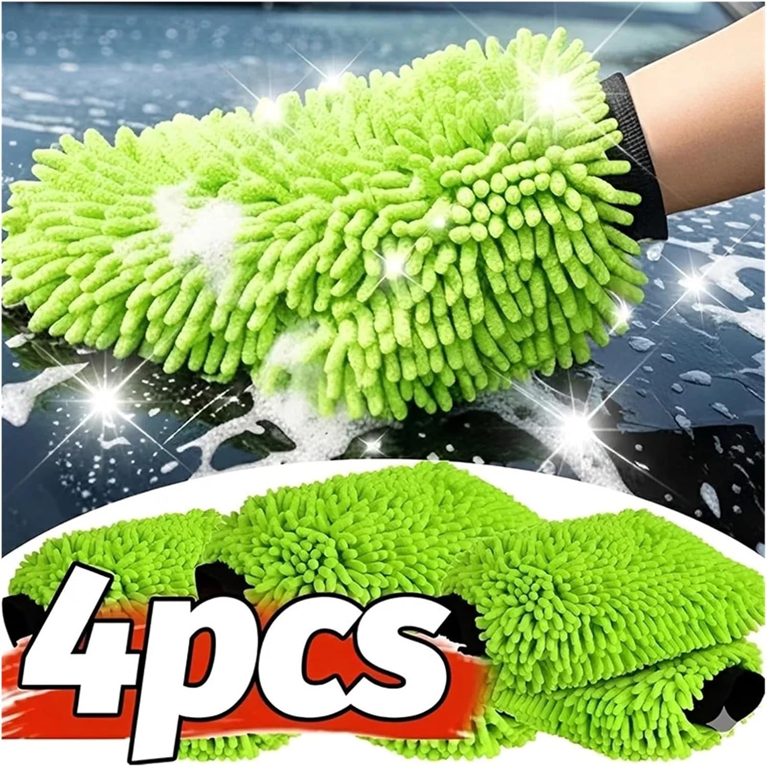 High Density Microfiber Car Wash Mitt - Scratch Free Chenille Cleaning Glove for Detailing and Window Cleaning(4pcs)