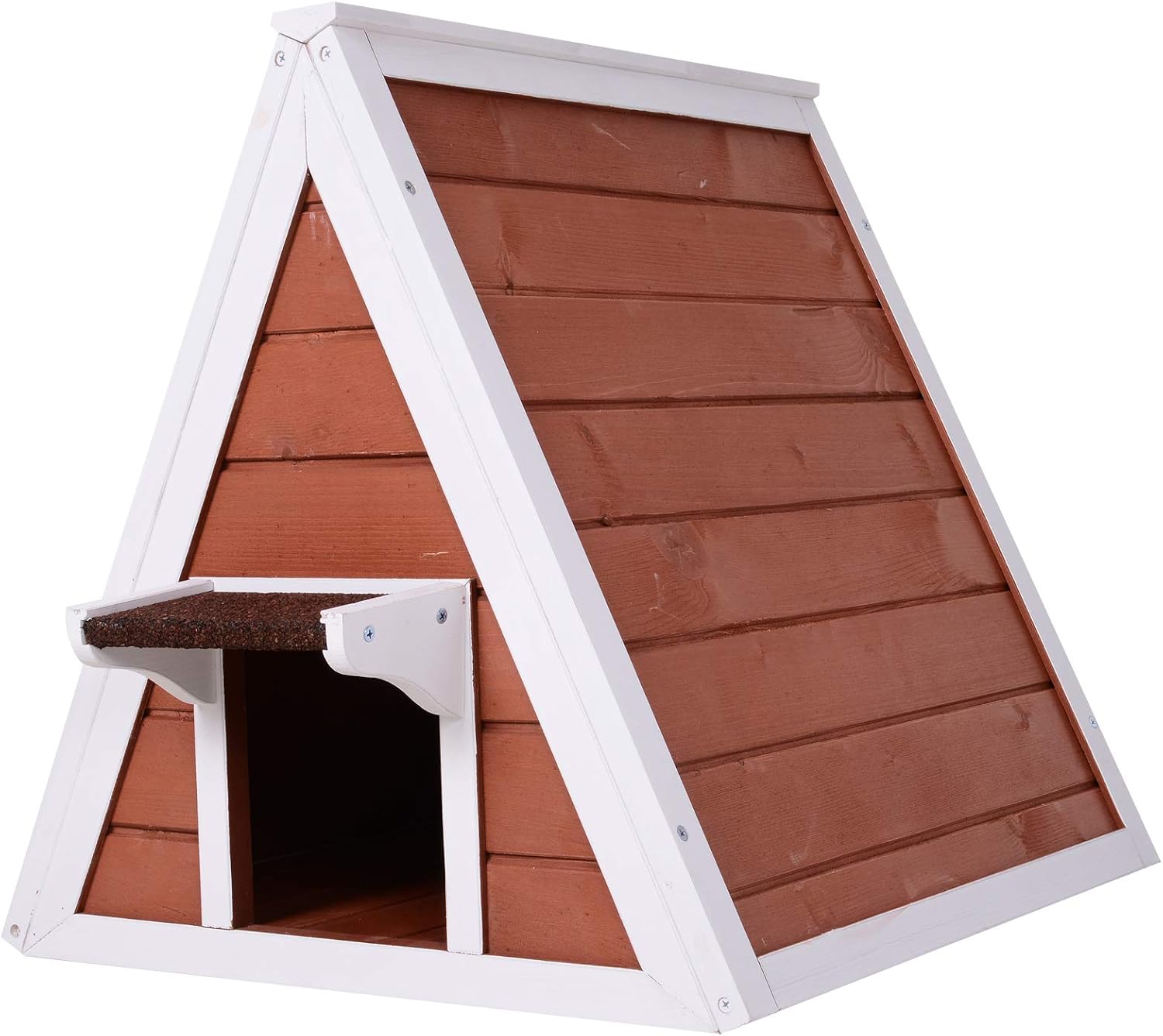 PawHut Solid Cat House with 2 Doors to Condo, Constructed of Natural Fir Wood, and Waterproof Paint Indoor/Outdoor, Red