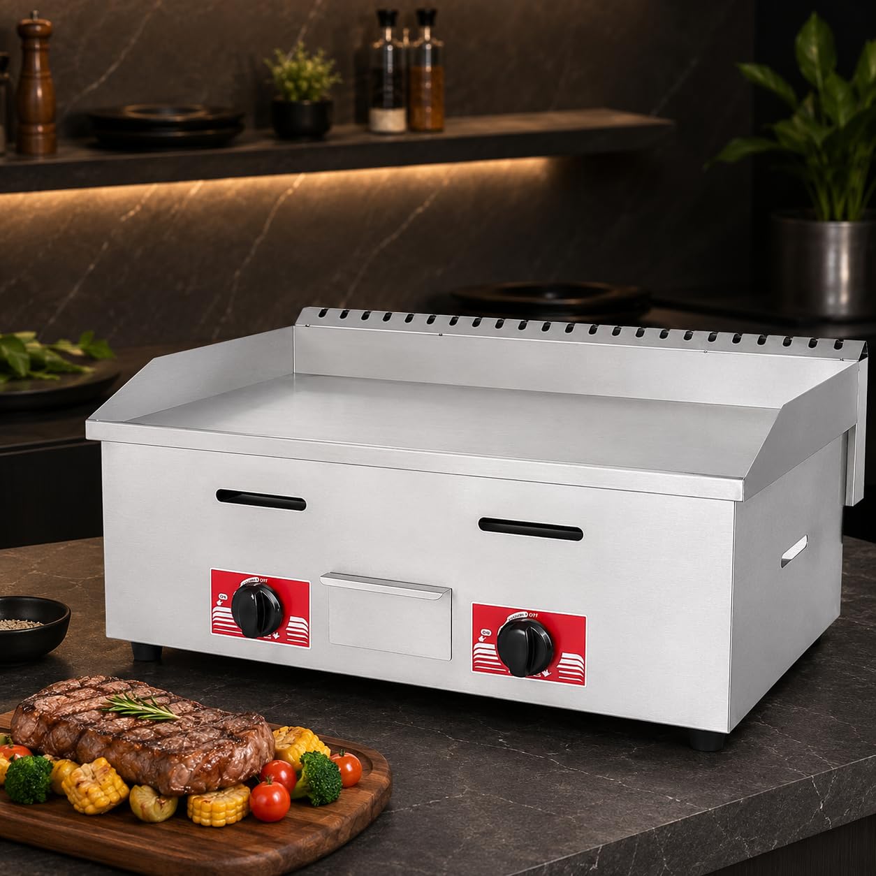 Plancha de gas comercial, placa plana antiadherente de acero inoxidable resistente para asar hamburguesas y cocinar al aire libre de volumen medio a alto