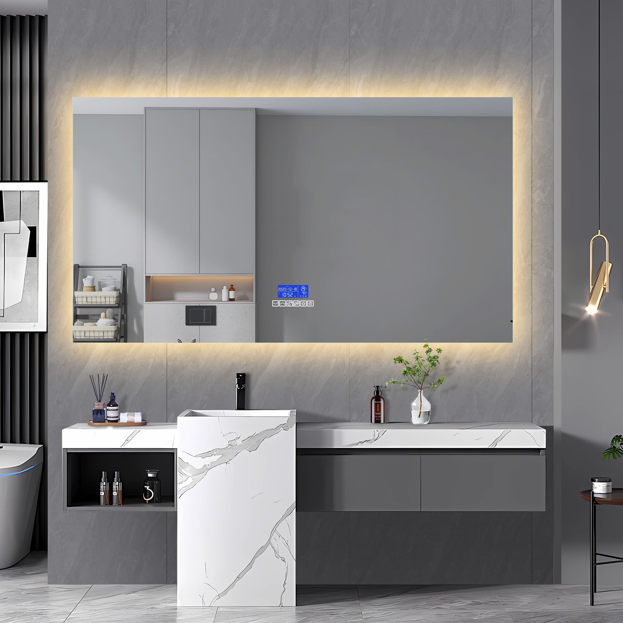 BPKADHY Espejo de baño LED con iluminación, 80 x 140 cm, espejo de pared para baño, espejo Bluetooth con luz táctil, 3 temperaturas de color, regulable, antivaho, espejo retroiluminado para baño