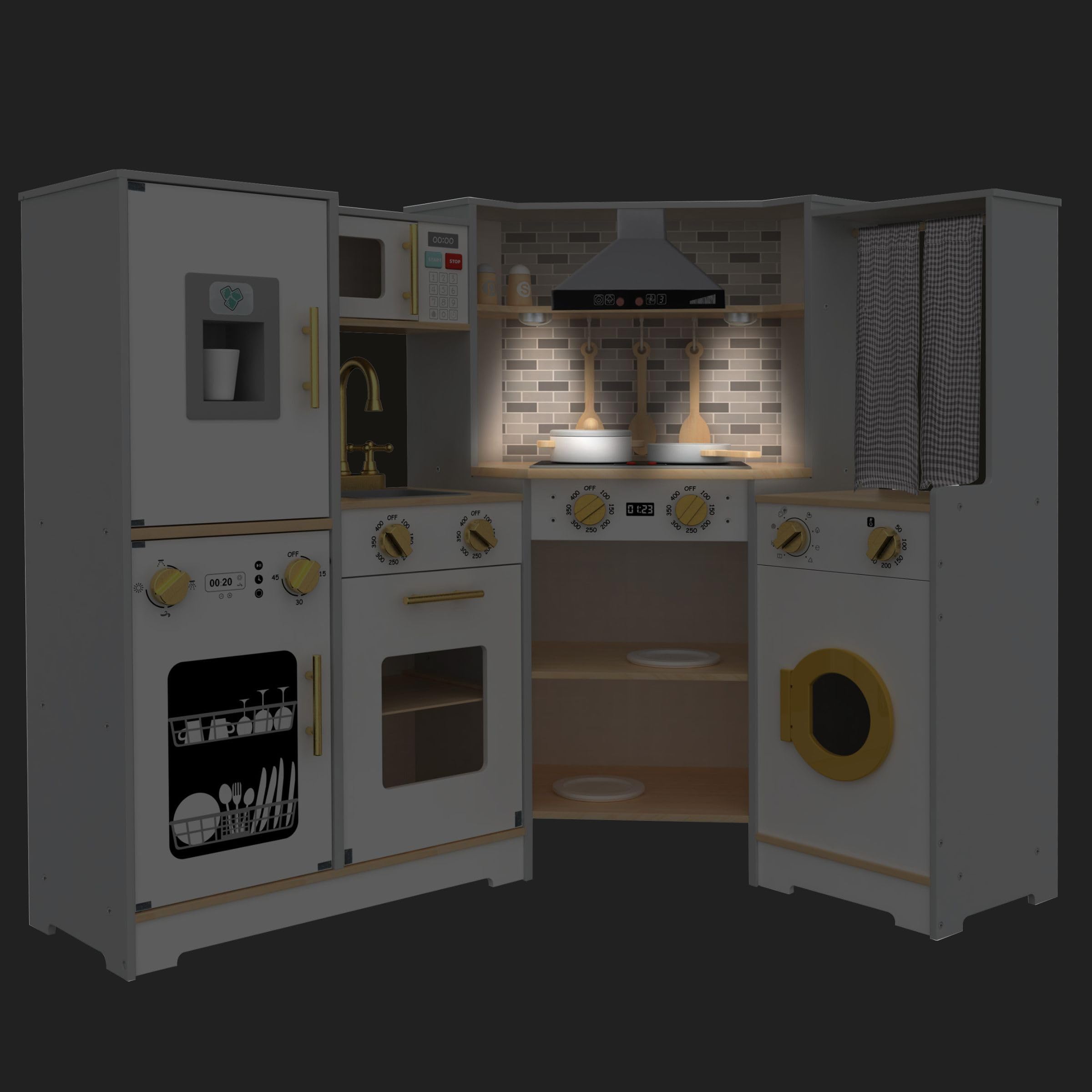 Mamabrum Cucina in legno per bambini 3+, grande, interattiva XXXL fornello interattivo con illuminazione a LED, set da cucina con lavatrice, forno, lavastoviglie, cappa e pentole