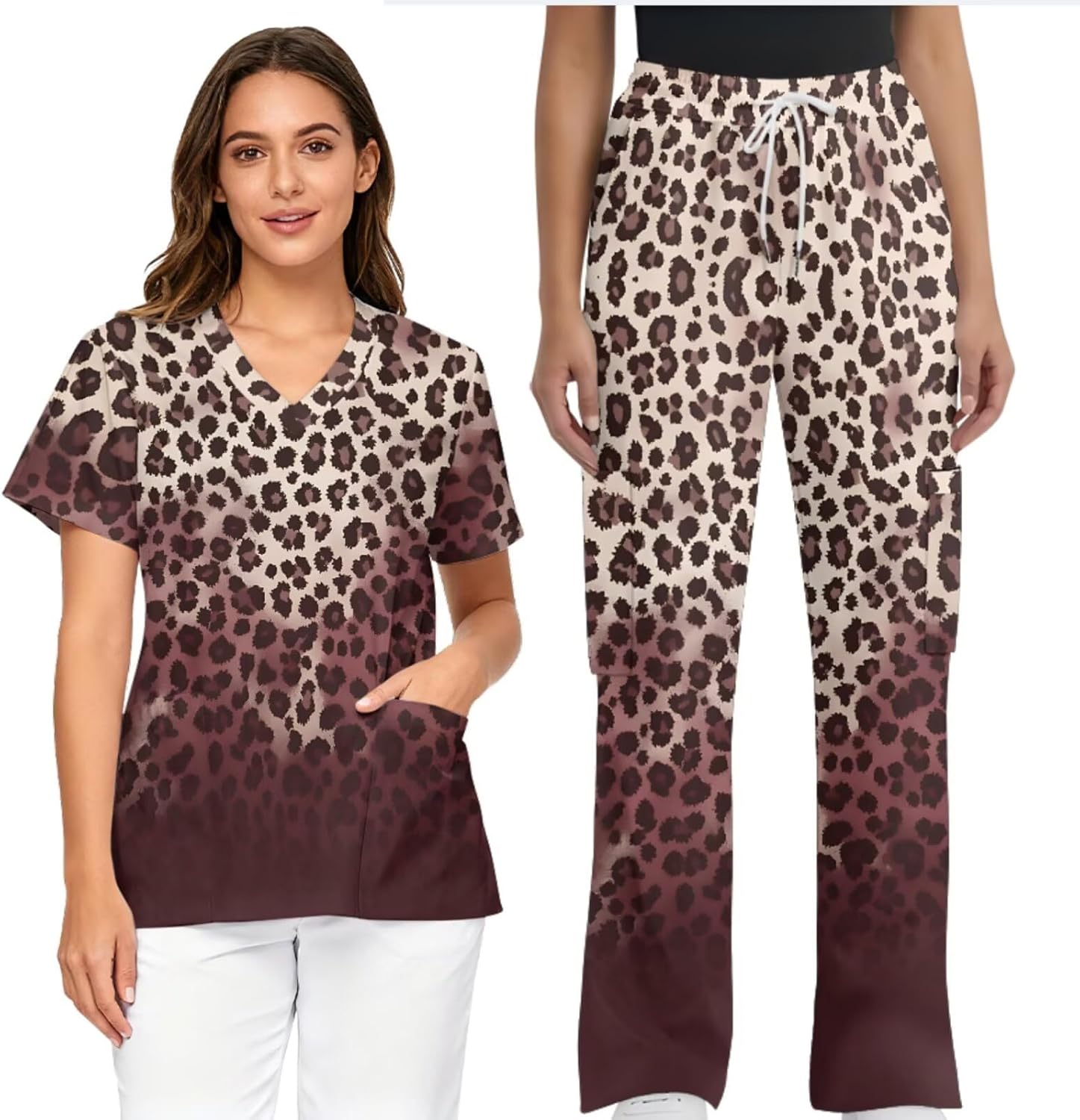 Scrubs Set for Women Medical Uniform Stretch V-Neck Top & Straight Leg Pants with 6 Pockets Nurse Workwear