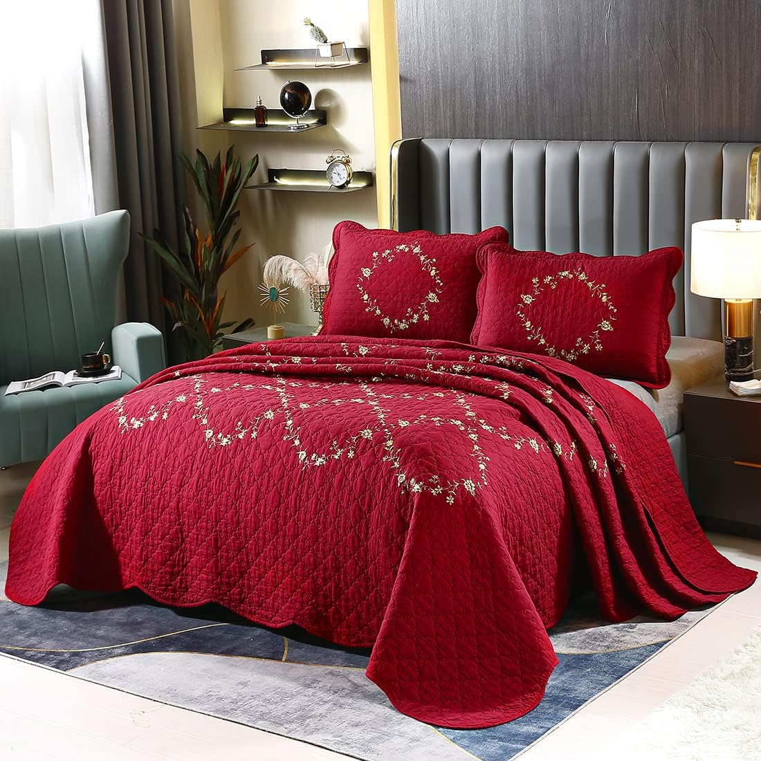 3 Piece Cotton Quilt Bedspreads Queen Size Elegant Floral Embroidered Soft Lightweight Cotton Coverlet,1 Quilt and 2 Shams