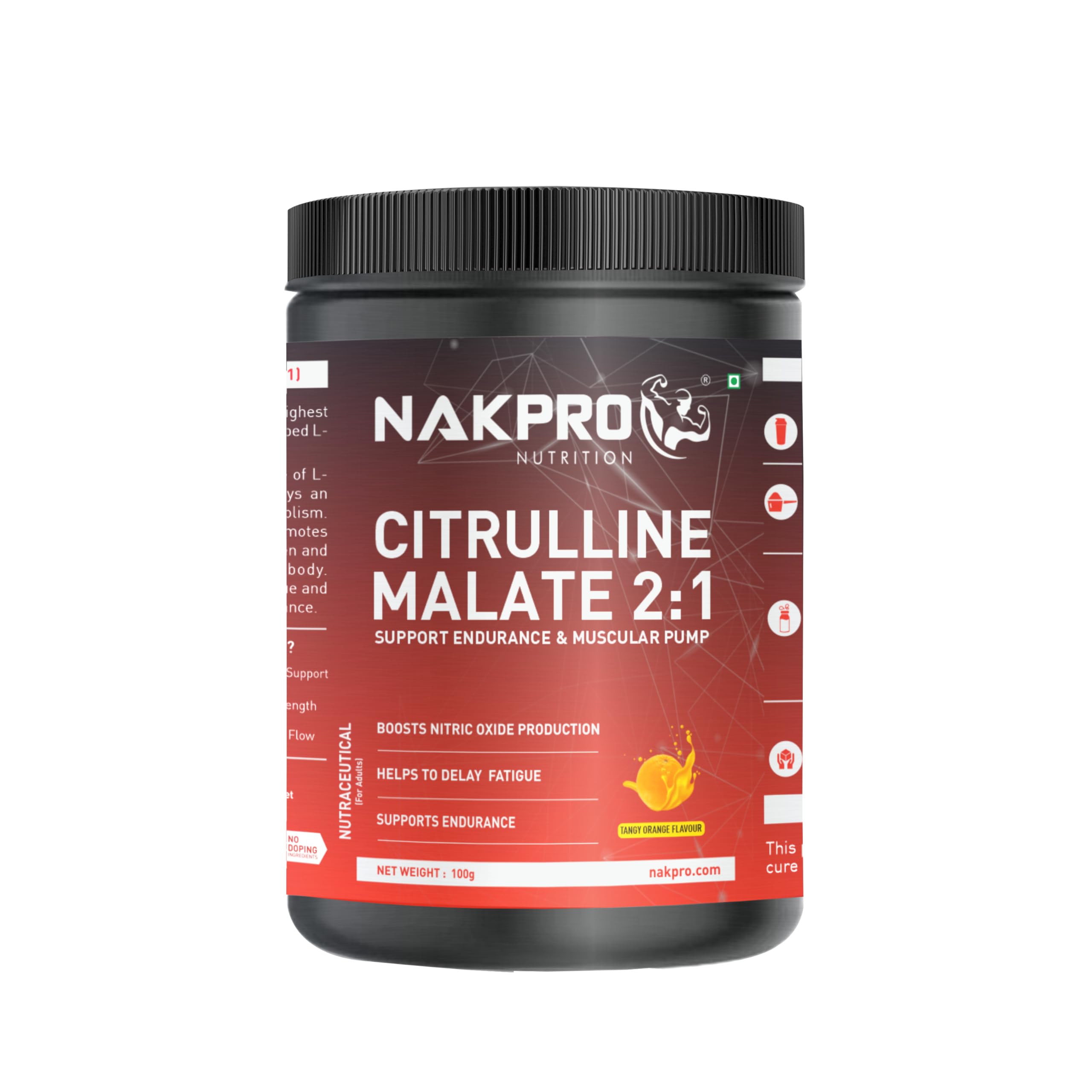 NAKPRO Citrulline Malate Powder-Jar | 2g Citrulline Per Serving | Supports Endurance & Muscle Strength | Easily Dissolve (Tangy Orange, 100g)