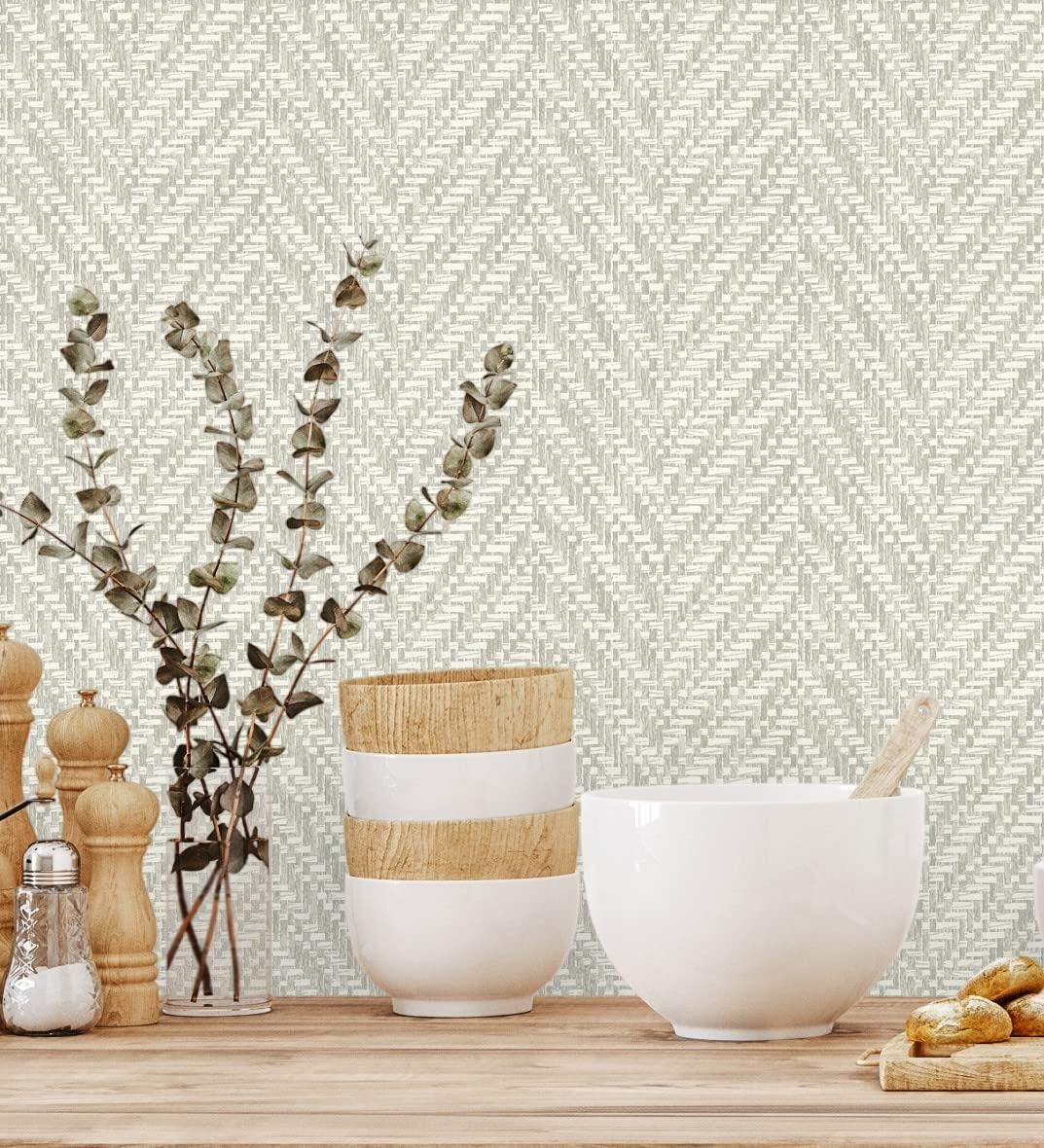GAULAN 679665 - Papel pintado vinílico ecológico de espiga textura fibra vegetal en relieve para pared salón cocina baño mueble comedor - Rollo de 10 m x 0,53 m