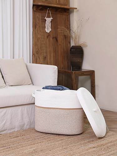 Miniatura 5 de Cesta de almacenamiento rectangular extragrande de 22 x 14 x 18 pulgadas con tapa, cesta de almacenamiento grande de cuerda de algodón, cesta de