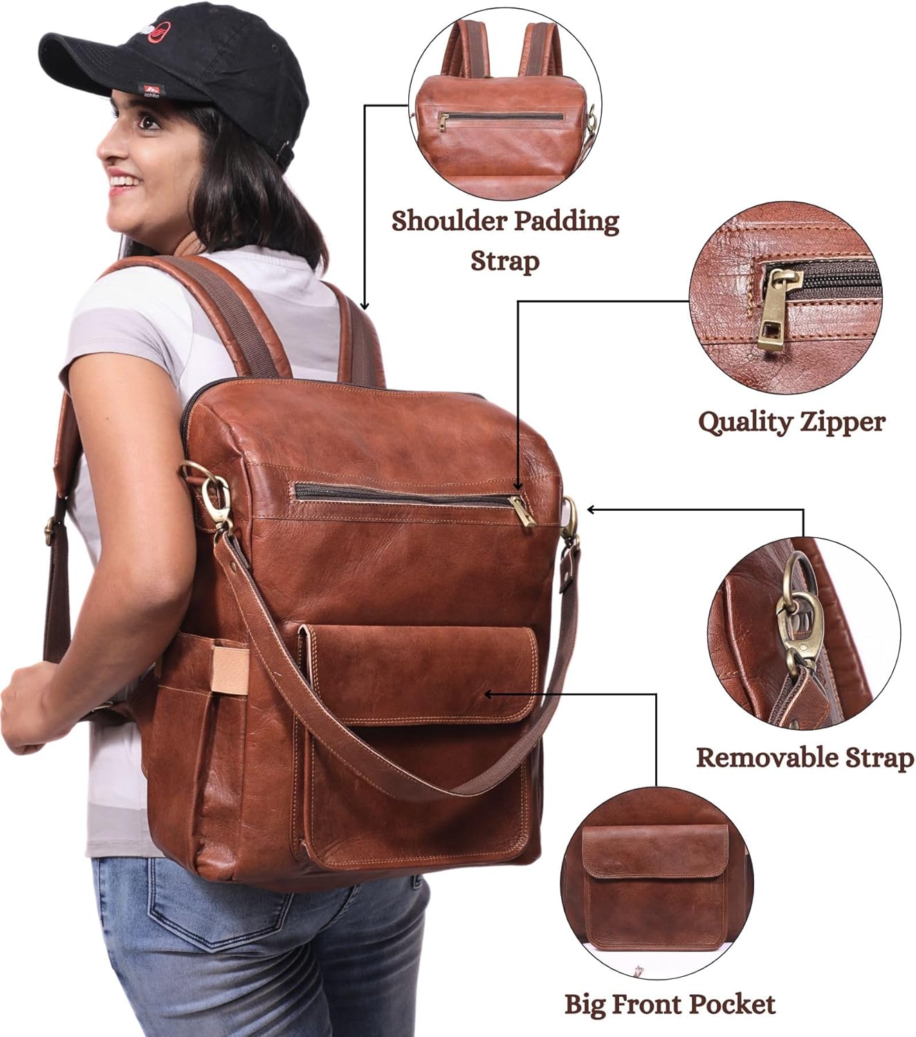 Genuine Leather Laptop Backpack for Women Designer Brown Leather Backpack Purse with 15.6-inch Laptop Computer Compartment Best for Work, Travel, and Daily Use - Image 2