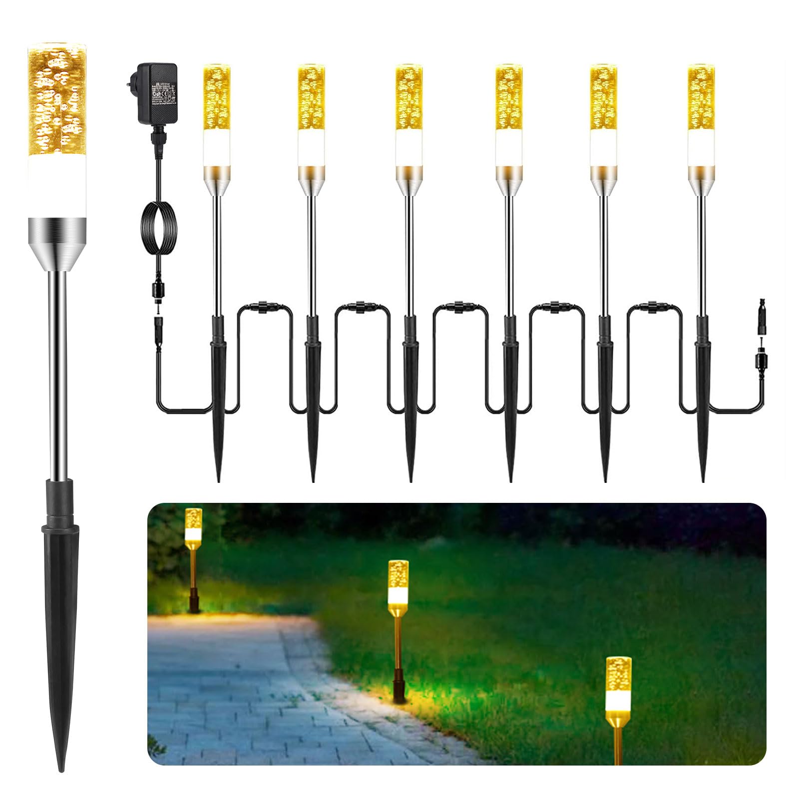 Gartenbeleuchtung 6er, Gartenleuchte mit Erdspieß, IP65 Wasserdicht LED Gartenstrahler mit Stecker, Gartenlampe mit Kabel, Außen Gartenleuchten Warmweiß 2700K für Rasen, Terrasse, Hof(570LM)
