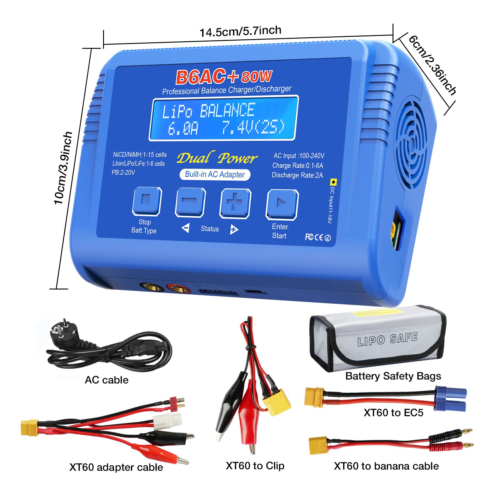B6 Lipo ładowarka RC Balanced Fast Battery Charger 80 W 6A Smart Digital Battery Pack ładowarka do akumulatorów 1S-6S LiPo Life Li-Ion 1-15S NiCD NiMH PB Smart RC Car (niebieska)