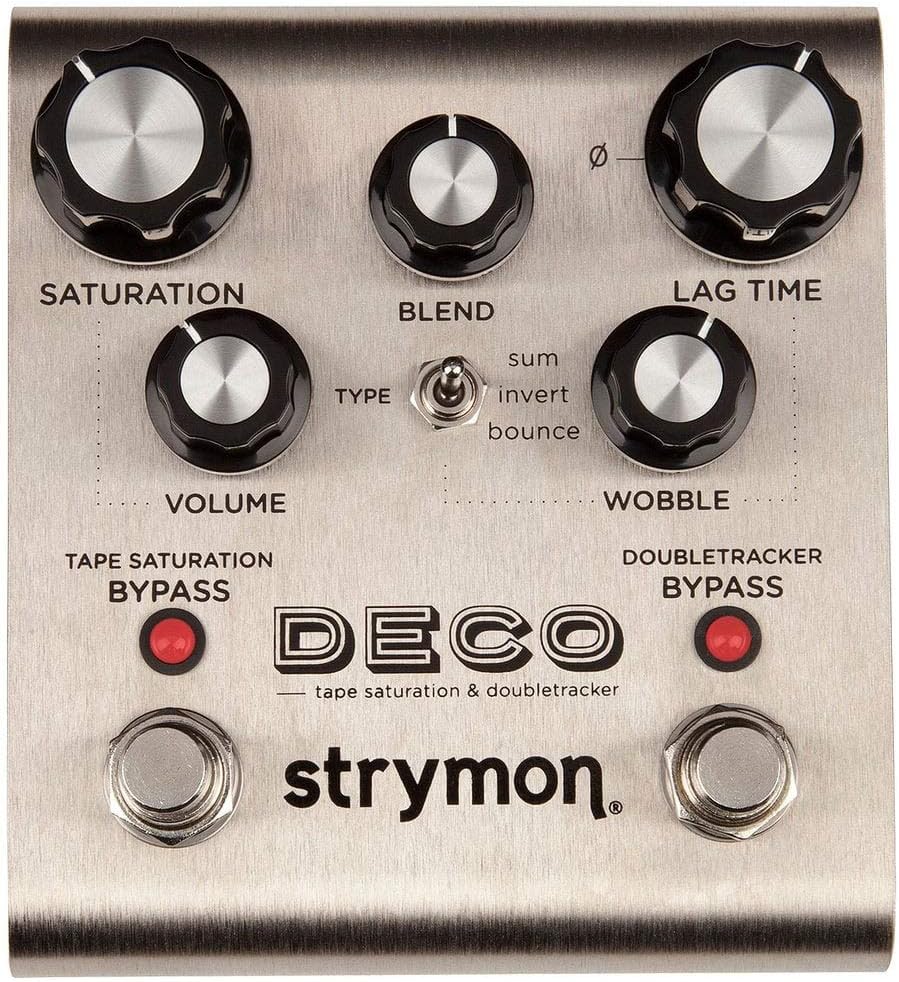 Nahoru view of Strymon Deco pedal with all controls labeled.
