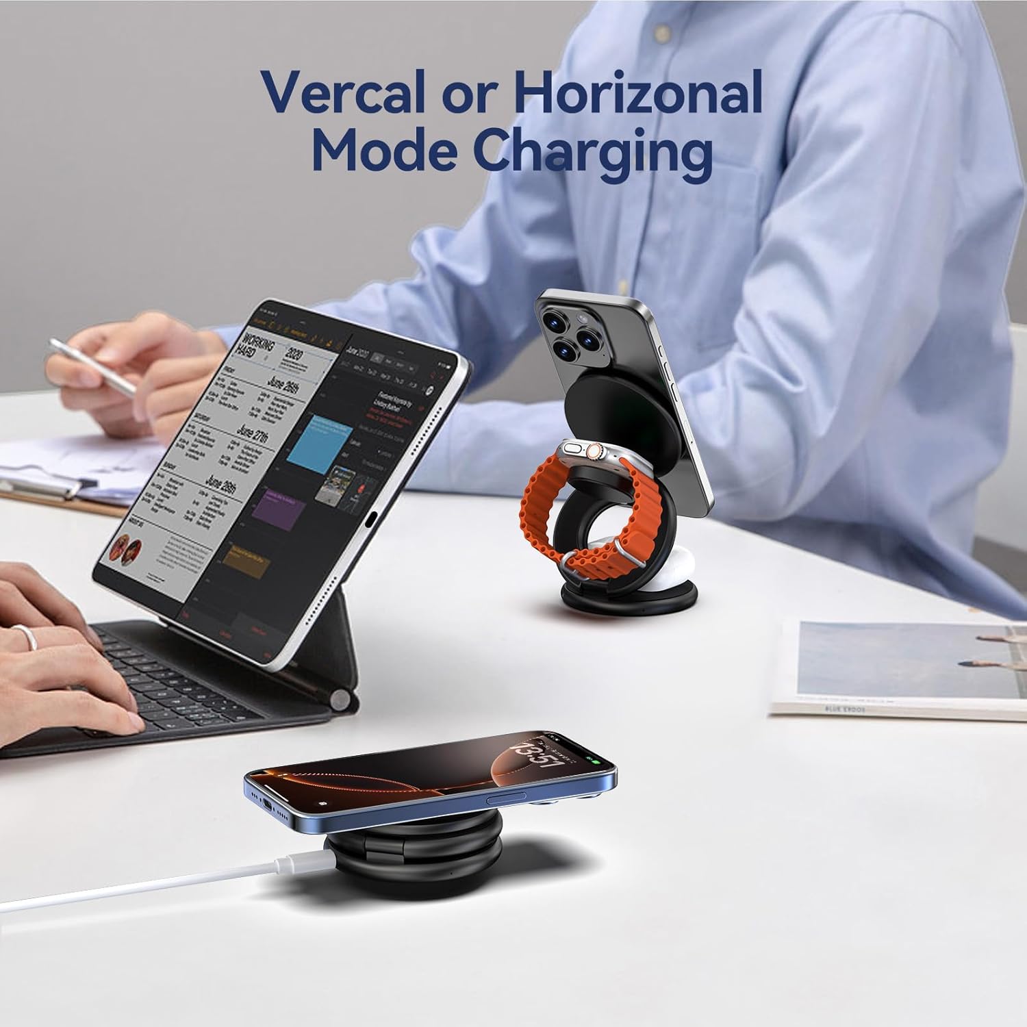 KU XIU X63 3 in 1 Charging Station for Apple, Aluminum Alloy Foldable Magnetic Wireless Charger, Travel Charger for iPhone 17/16/15/14/13/12 Series, Apple Watch & AirPods(with 20W Adapter)-Black