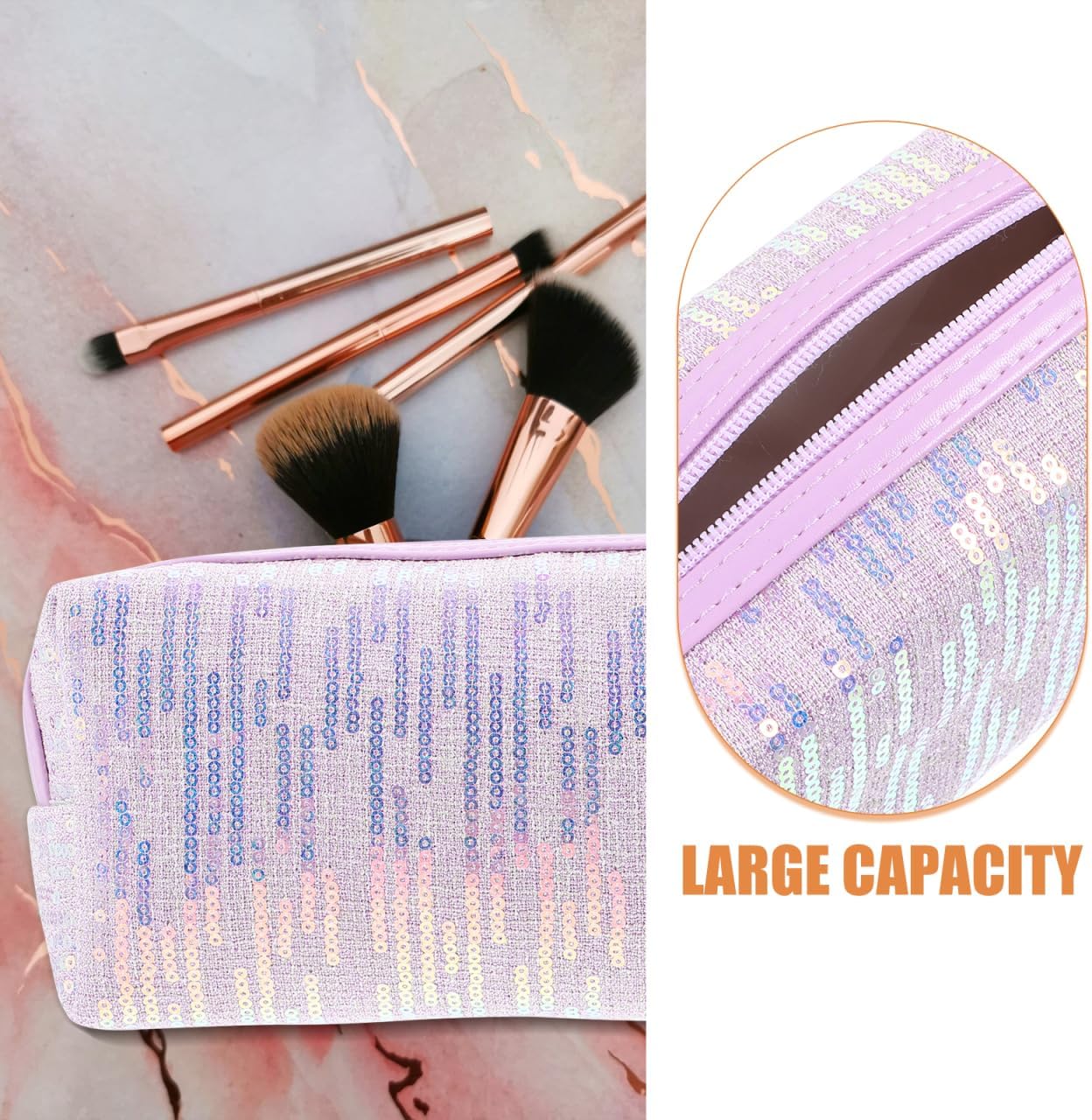 Glitter Makeup Bag - 8inch Portable Cosmetic Bag for Women, Trendy Shimmery Evening Purse, Travel Makeup Pouch with Zipper, Sequin Pink Cosmetic Case - Image 8