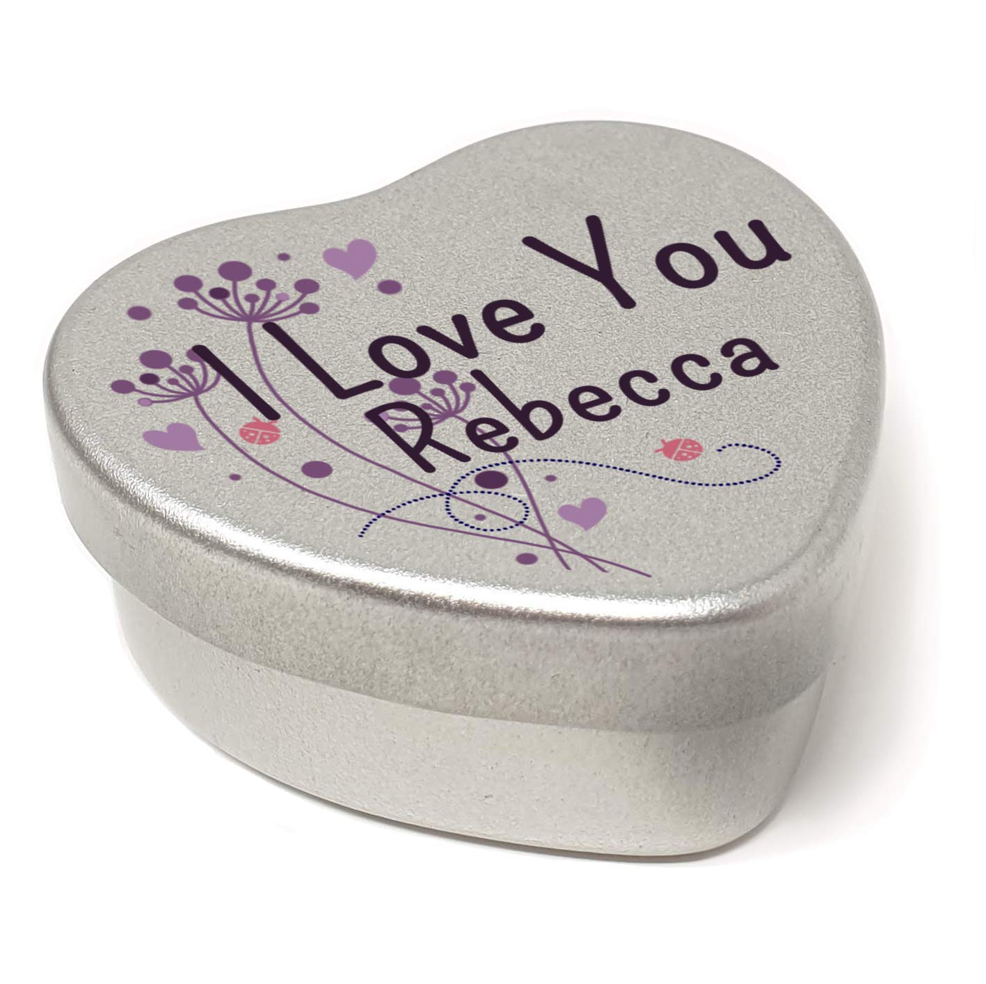 Personalised I Love You Name Heart Shaped Mini Tin Any Name Added Purple Ladybird Design Gift for Someone Special filled with mini chocolates