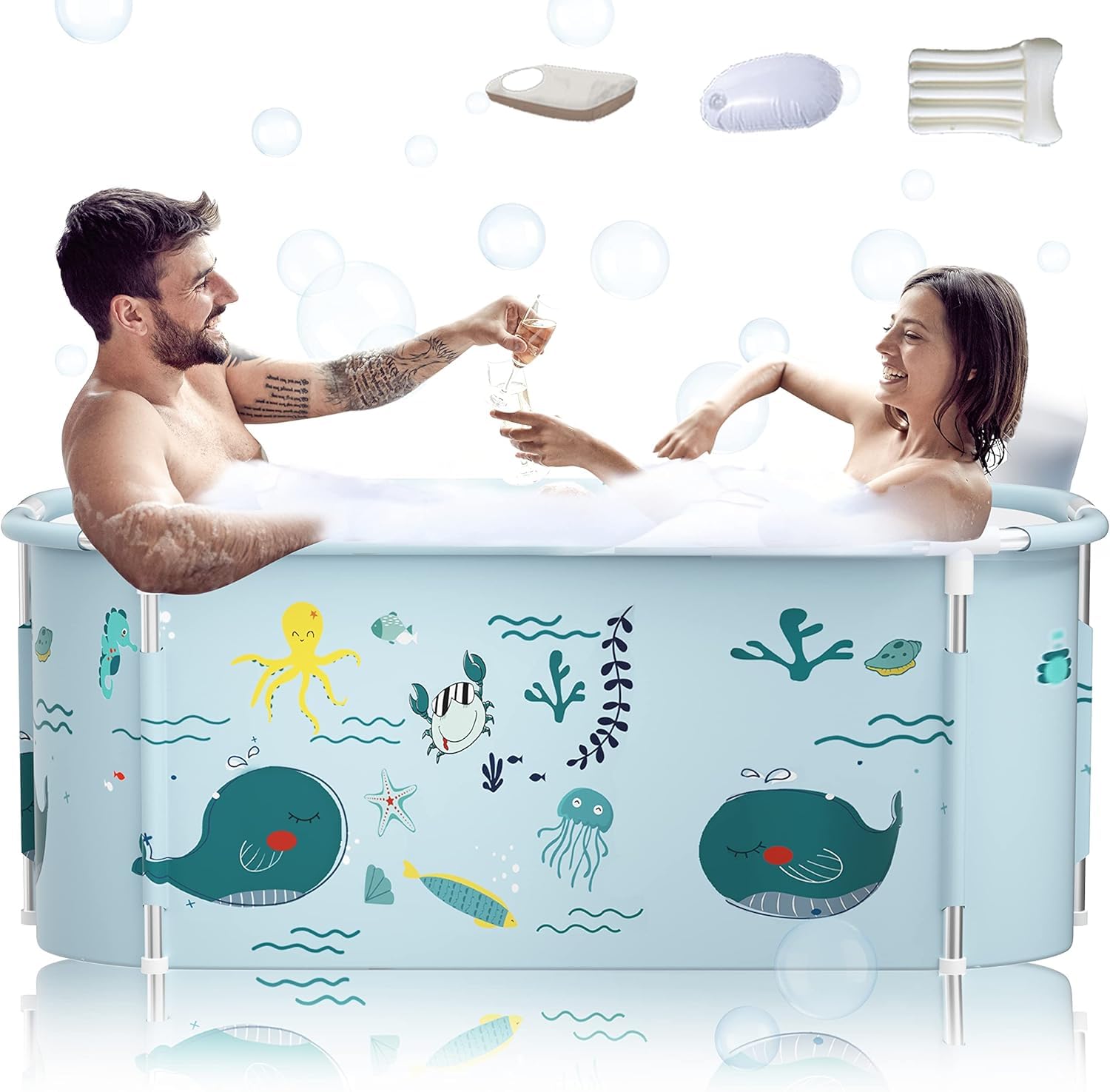 140cm Extra Large Portable Foldable Bathtub with Metal Frame for Adult, Family SPA Soaking Tub with Cover for Small Bathroom, Thicken Multiple Layer Bathtub with Lid (Ocean Style with Metal Frame)