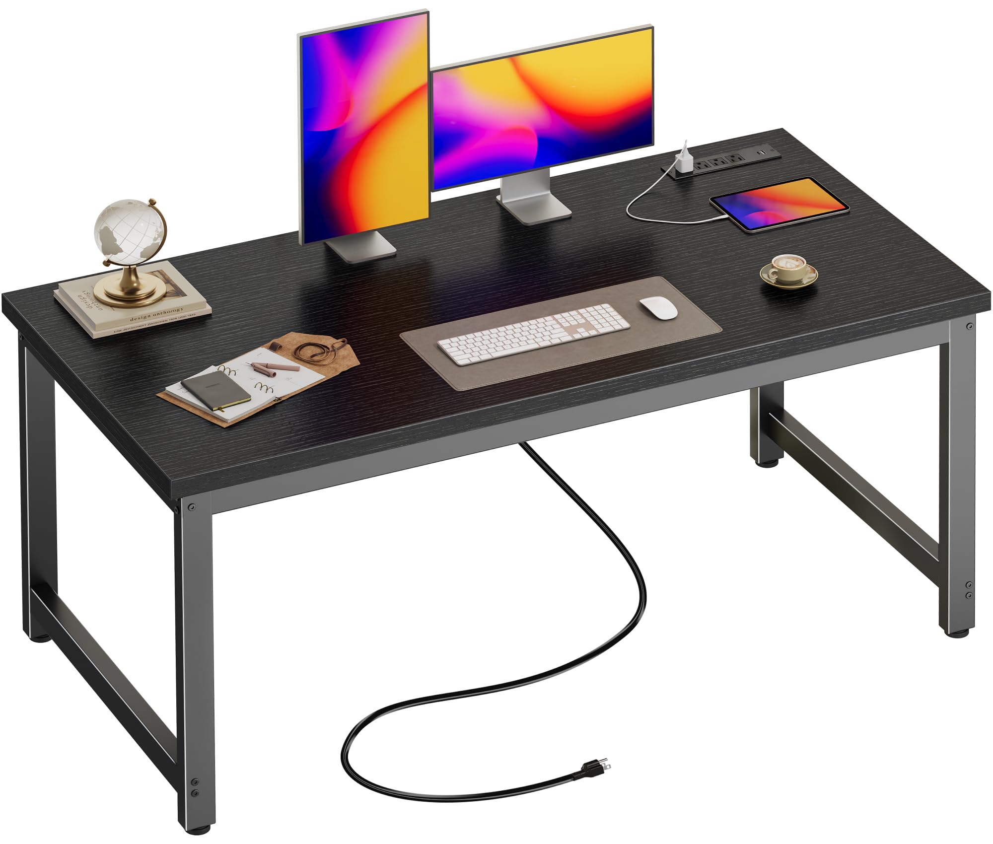 Huuger55 x 24 inch Desk with Power Outlets & USB-C, Deeper & Thicker Desktop, Robust Metal Tubes, Computer Desk, Heavy Duty Office Desk, Work Gaming Desk for Home Office, Black