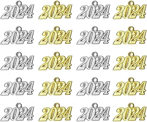 Miniatura 1 de 20 dijes para el año 2024 de aleación 2024 con letras para regalo de Año Nuevo, joyería de graduación, borla (oro y plata), Plata