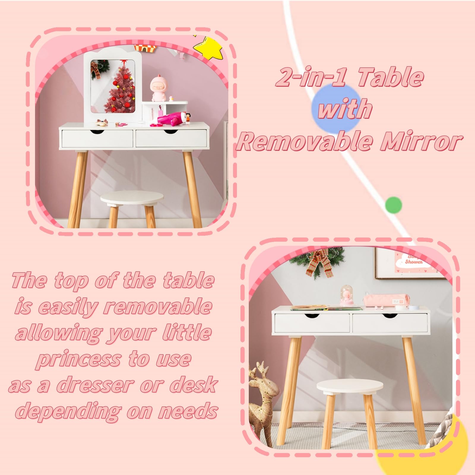 LIFEZEAL Specchiera Trucco per Bambina 3+Anni, con Sgabello, Specchio Rimovibile, Sedia, Tavolo Trucco Toeletta, Postazione Makeup, con 2 Cassetti, Mensola, Pettine, per Cameretta (bianco)