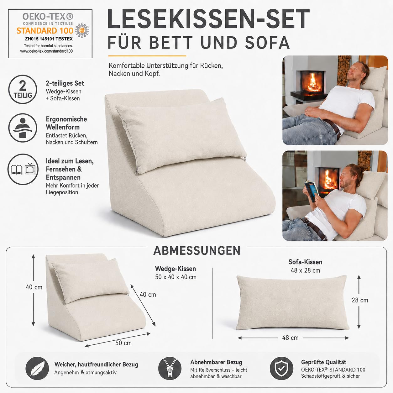 Lesekissen Set Beige | Komfortabel für Bett und Sofa, Ergonomisches Rückenkissen, Inklusive Sofakissen, Made in Germany