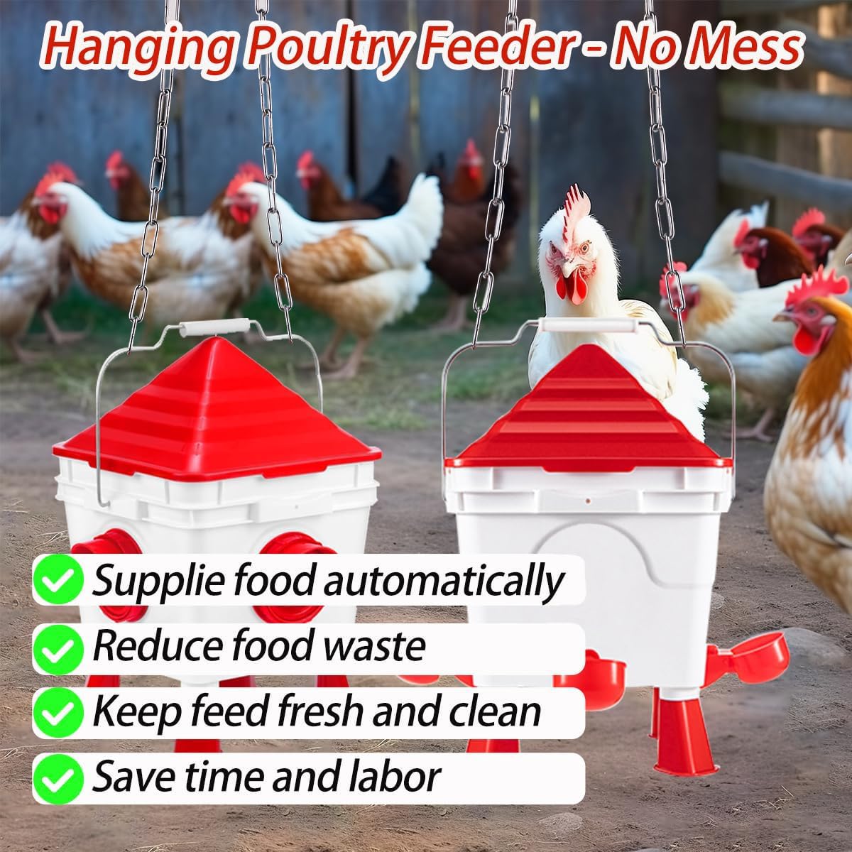 Set de Bebedero y Comedero para Gallinas 8KG/7L, Bebedero Gallinas Automatico, Comedero Gallinas Antipajaros con 4 Aperturas 4 Tazas, con Pies Ajustables y Cadenas de Acero