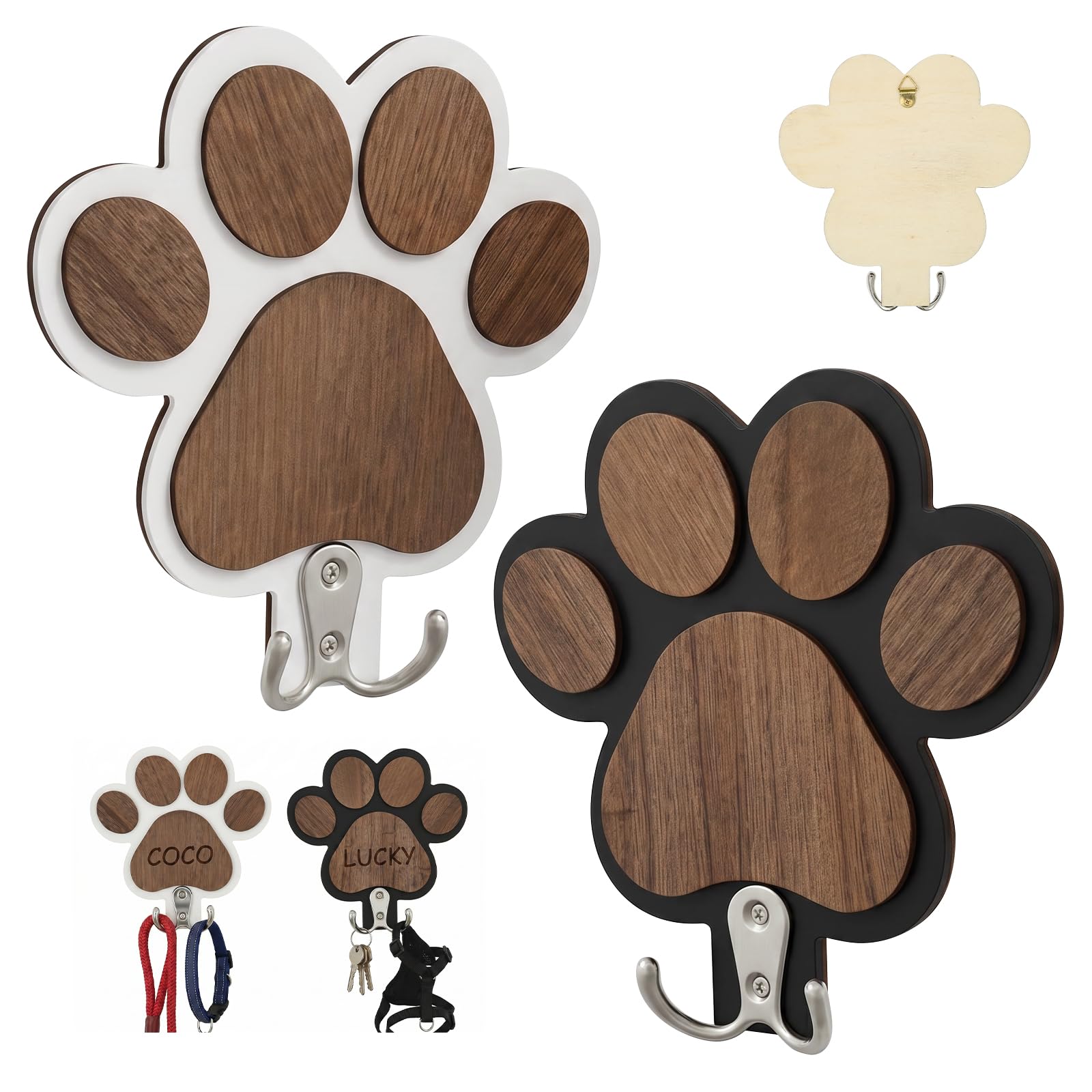 Rhaiqbvc 2Pcs Dog Leash Holder For Wall, Diy Customizable Paw Print Dog Leash Holder,Personalized Wooden Wall Hook For Pet Lover Ideal Gift For Dogs Owner