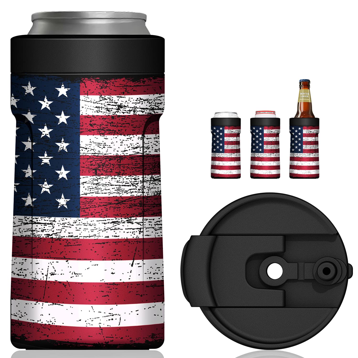 4-IN-1 Insulated Can Cooler with Lid - Newest Signice 12 Oz Stainless Steel Can Cooler Double Walled Vacuum Insulator for Skinny Tall Slim Can/Standard Regular Can/Beer Bottle (Flag)