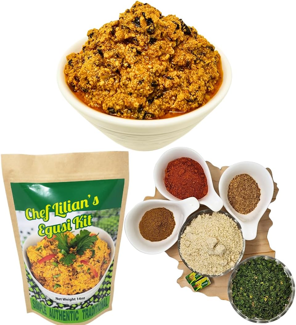 Chef Lilian's Egusi Kit- Nigerian West African Food Kit with Ground Melon Seeds (Egusi), Dehydrated Spinach, Seasoning, Hot Chili Powder, Soup Mix 4 Servings (Pack of 1)