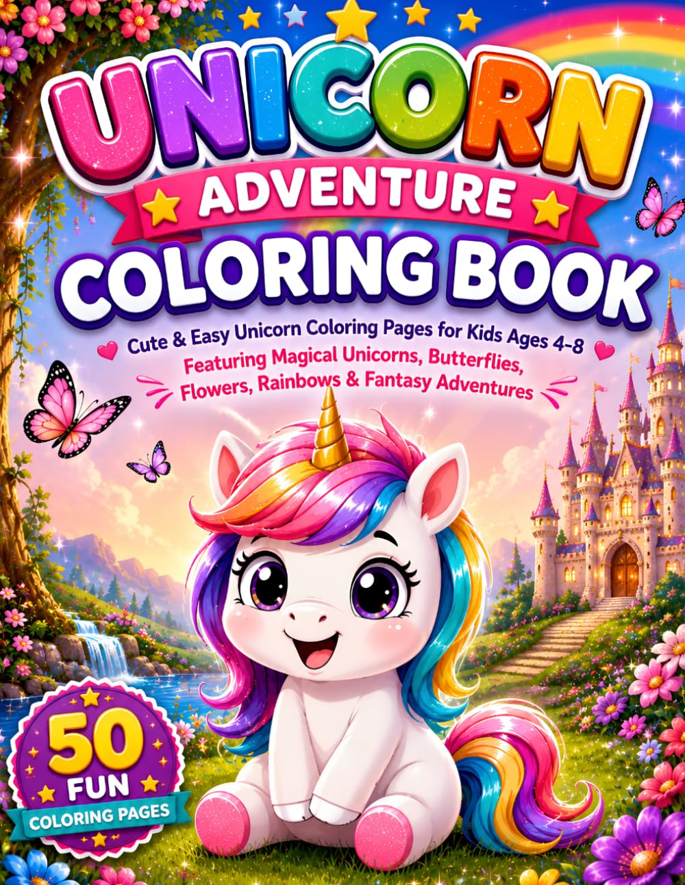 UNICORN ADVENTURE COLORING BOOK: 50 Cute & Easy Unicorn Coloring Pages for Kids Ages 4–8 Featuring Magical Unicorns, Butterflies, Flowers, Rainbows & Fantasy Adventures