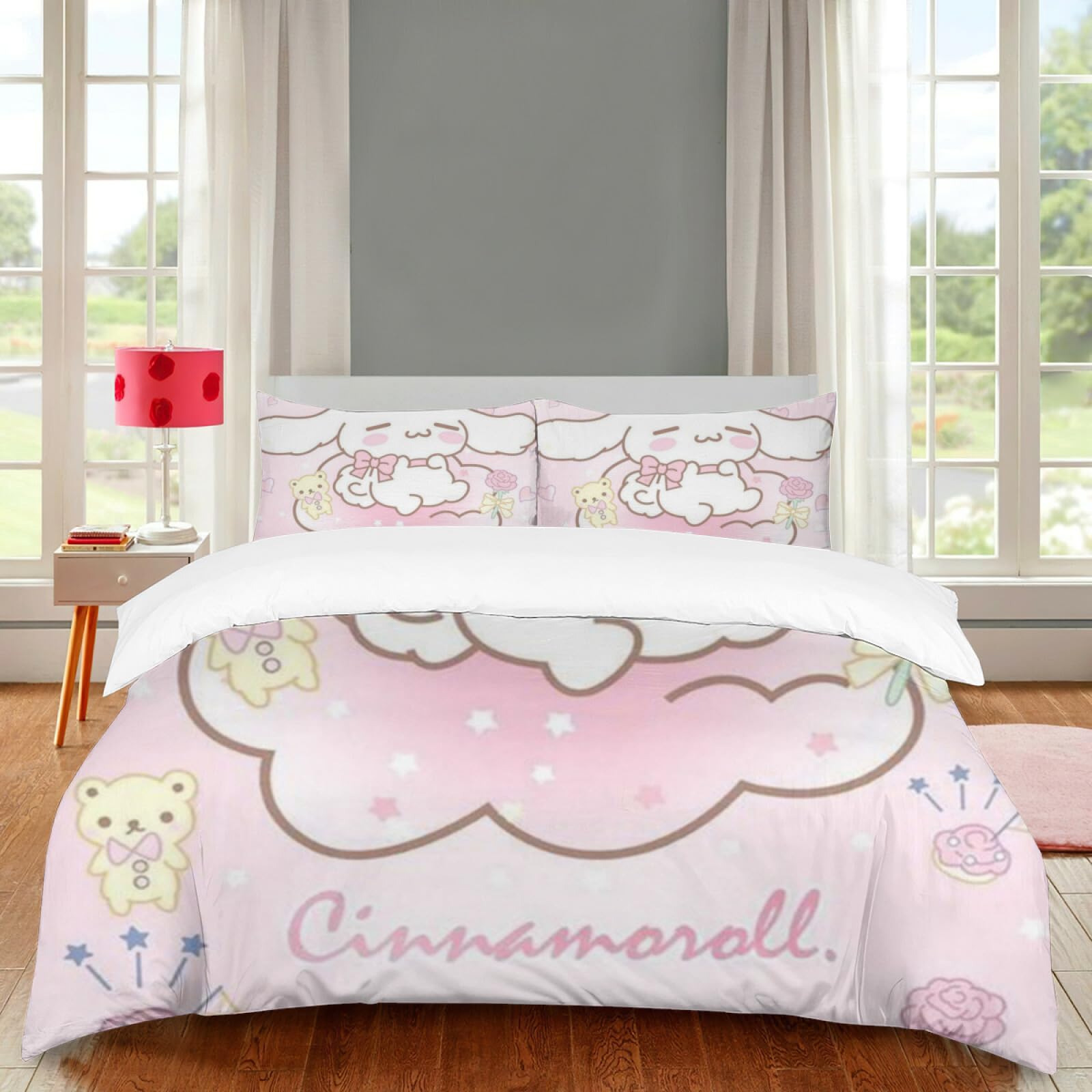 RIDD Cinnamoroll Bedding Set 3pcs Duvet Cover Set 1 Bed Cover and 2 Pillowcases Kawaii Anime Puppy Printed Cotton Twin Comforter Set Girl Bedroom Decor Gifts